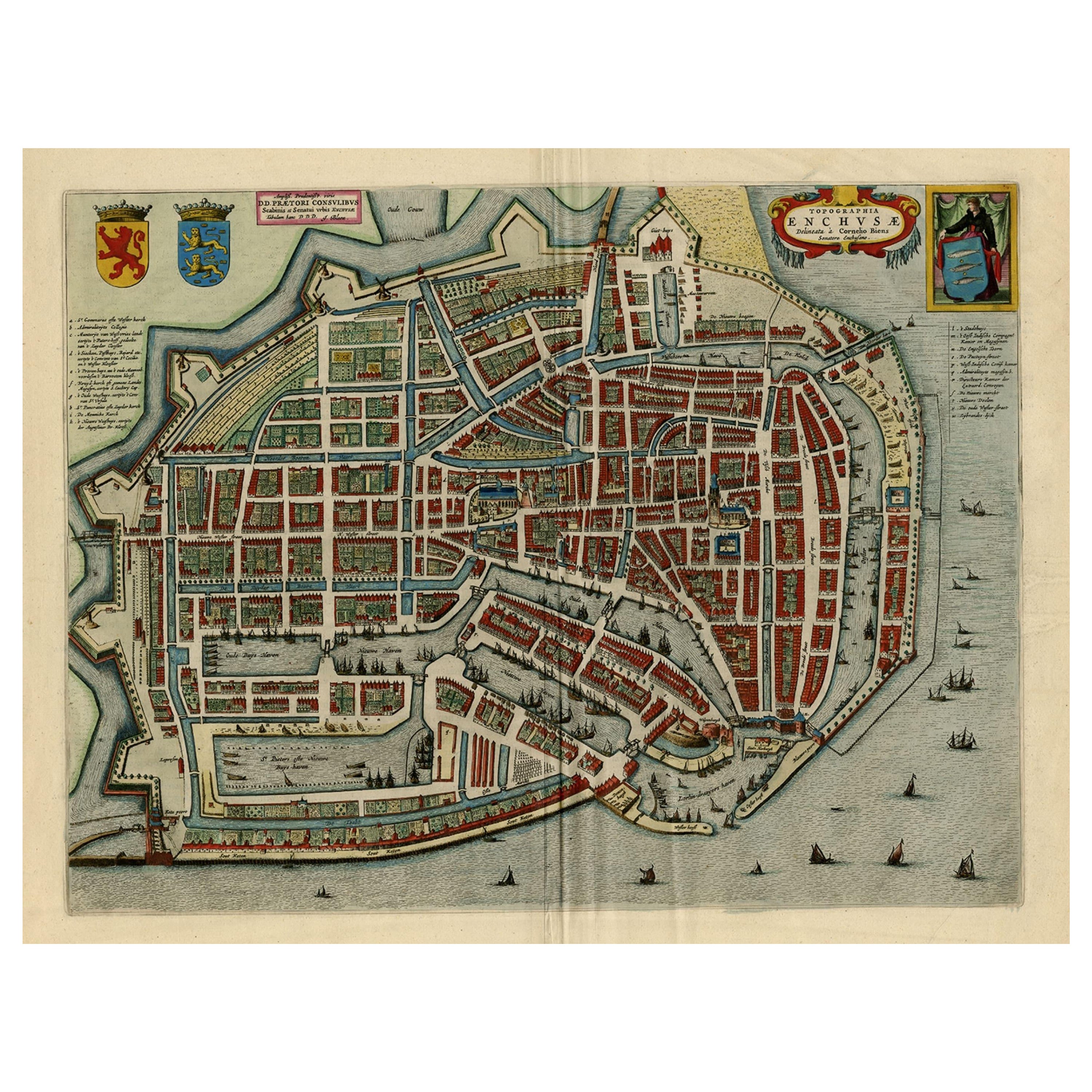 Beautiful Bird's-Eye View Plan of Enkhuizen in The Netherlands by Blaeu, 1649 For Sale