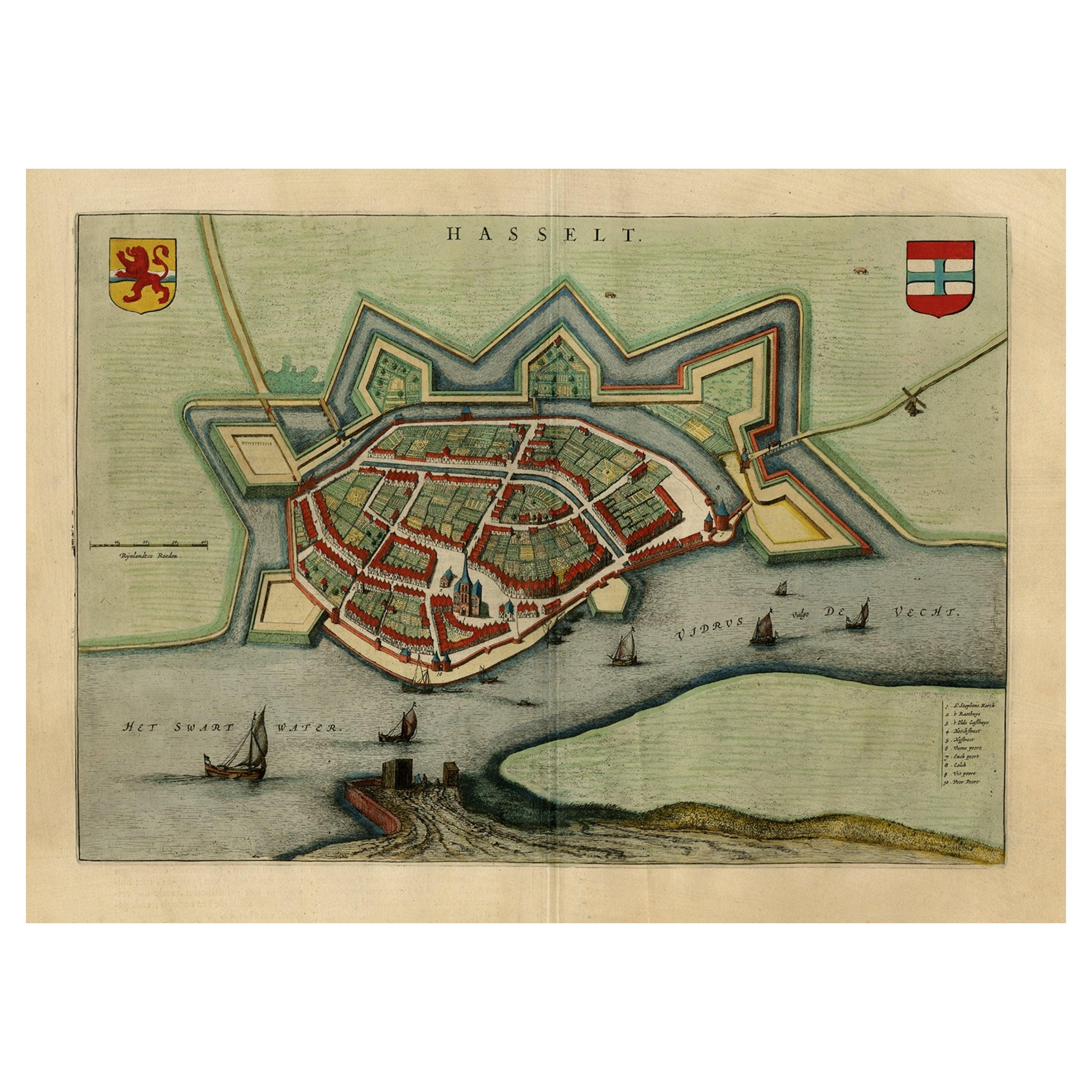 Superbe plan d'une vue sur les oiseaux de Hasselt par Blaeu aux Pays-Bas, 1649