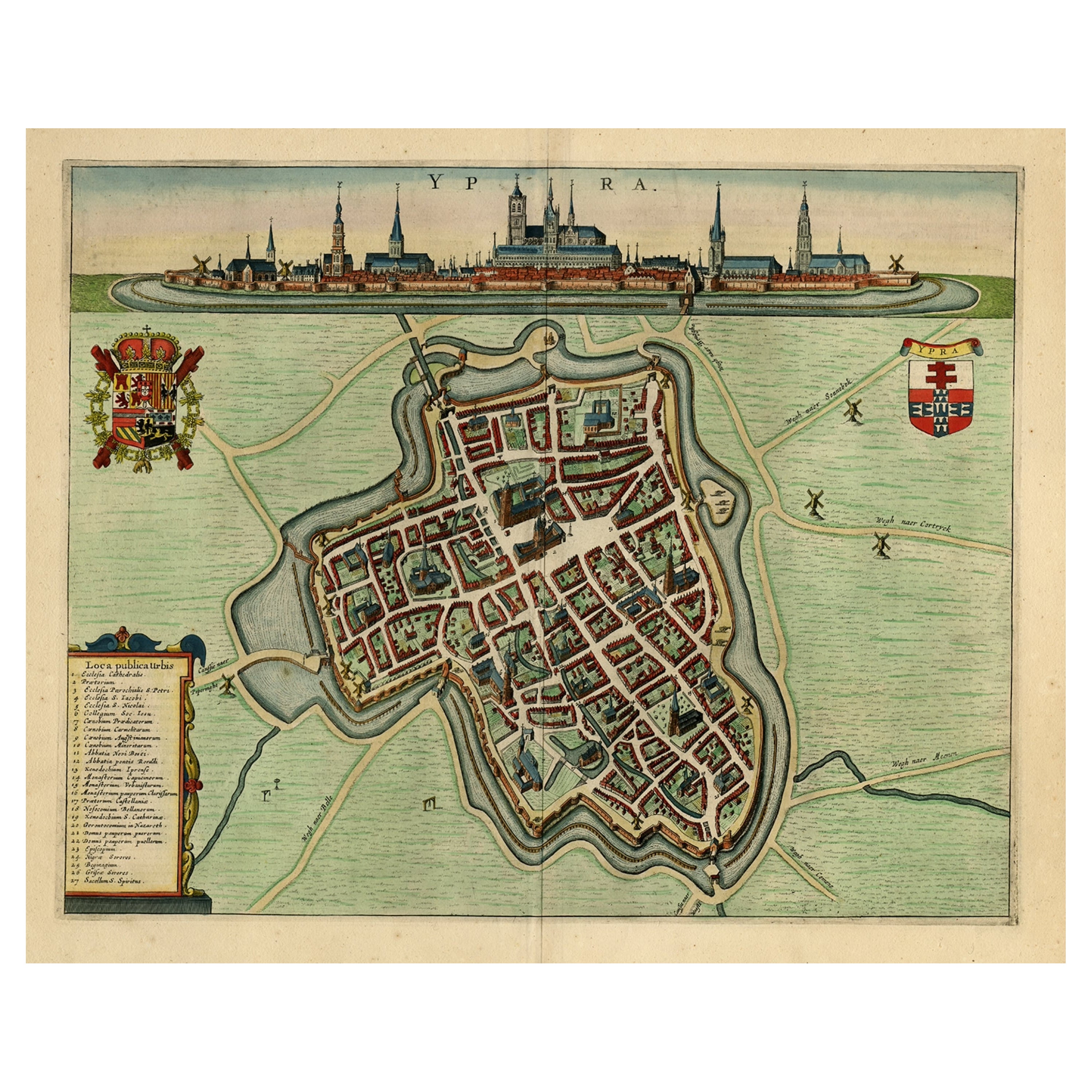 Decorative Bird's-Eye View Plan of Ieper or Ypres in Belgium, 1649 For Sale