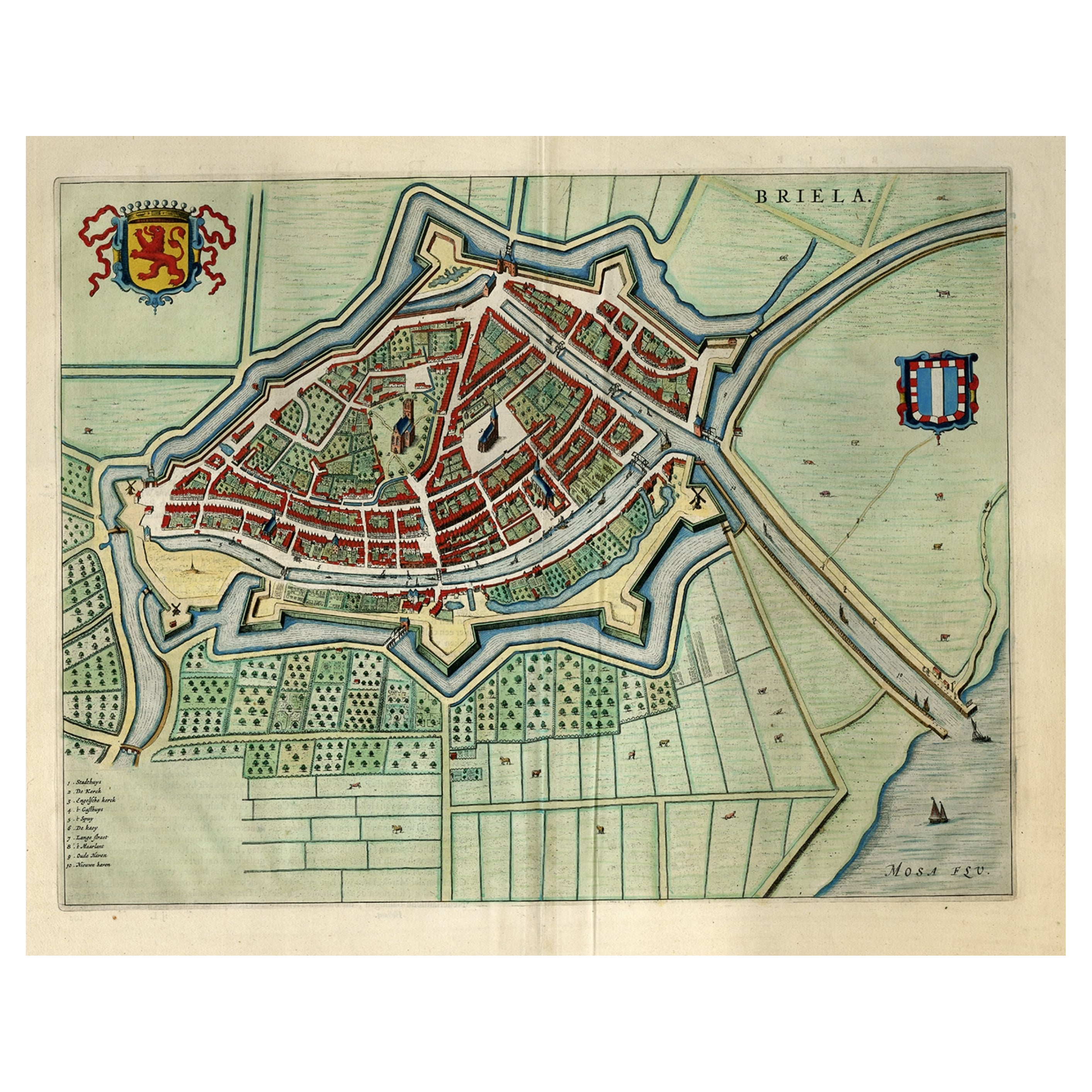 Grand plan ancien d'une vue à l'œil d'oiseau de Brielle par Blaeu aux Pays-Bas, 1649 en vente