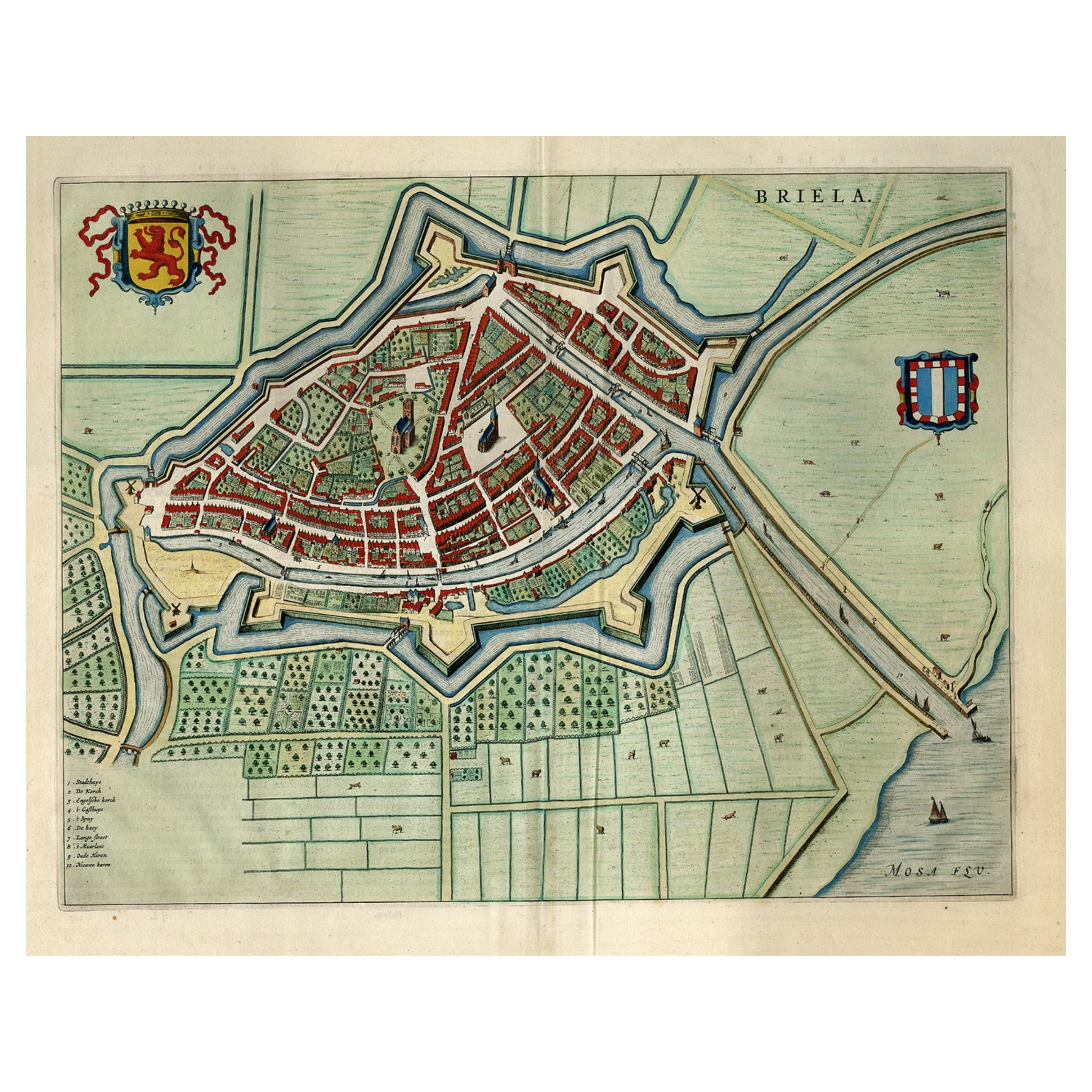 Grand plan ancien d'une vue à l'œil d'oiseau de Brielle par Blaeu aux Pays-Bas, 1649