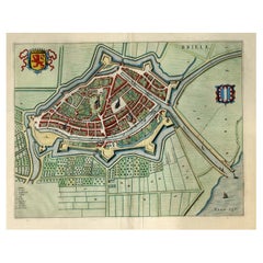 Blaeu in den Niederlanden, 1649, antiker Vogelaugenausblick-Plakat von Brielle