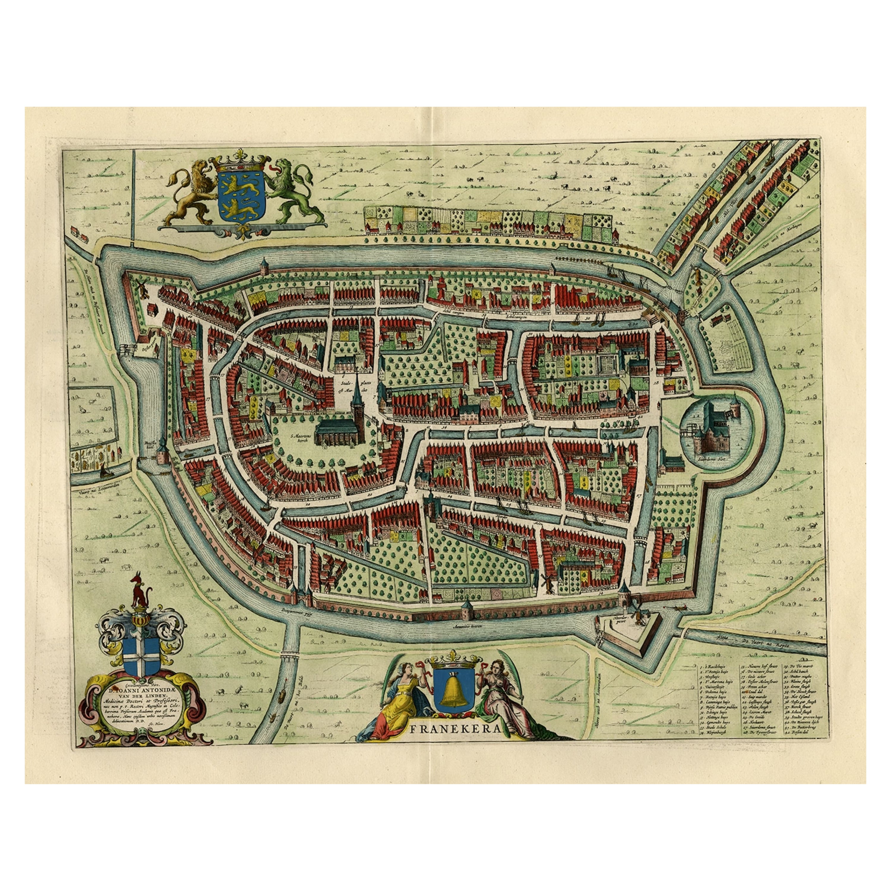 Ancienne carte de Blaeu de la ville de Franeker, Friesland, Pays-Bas, 1649
