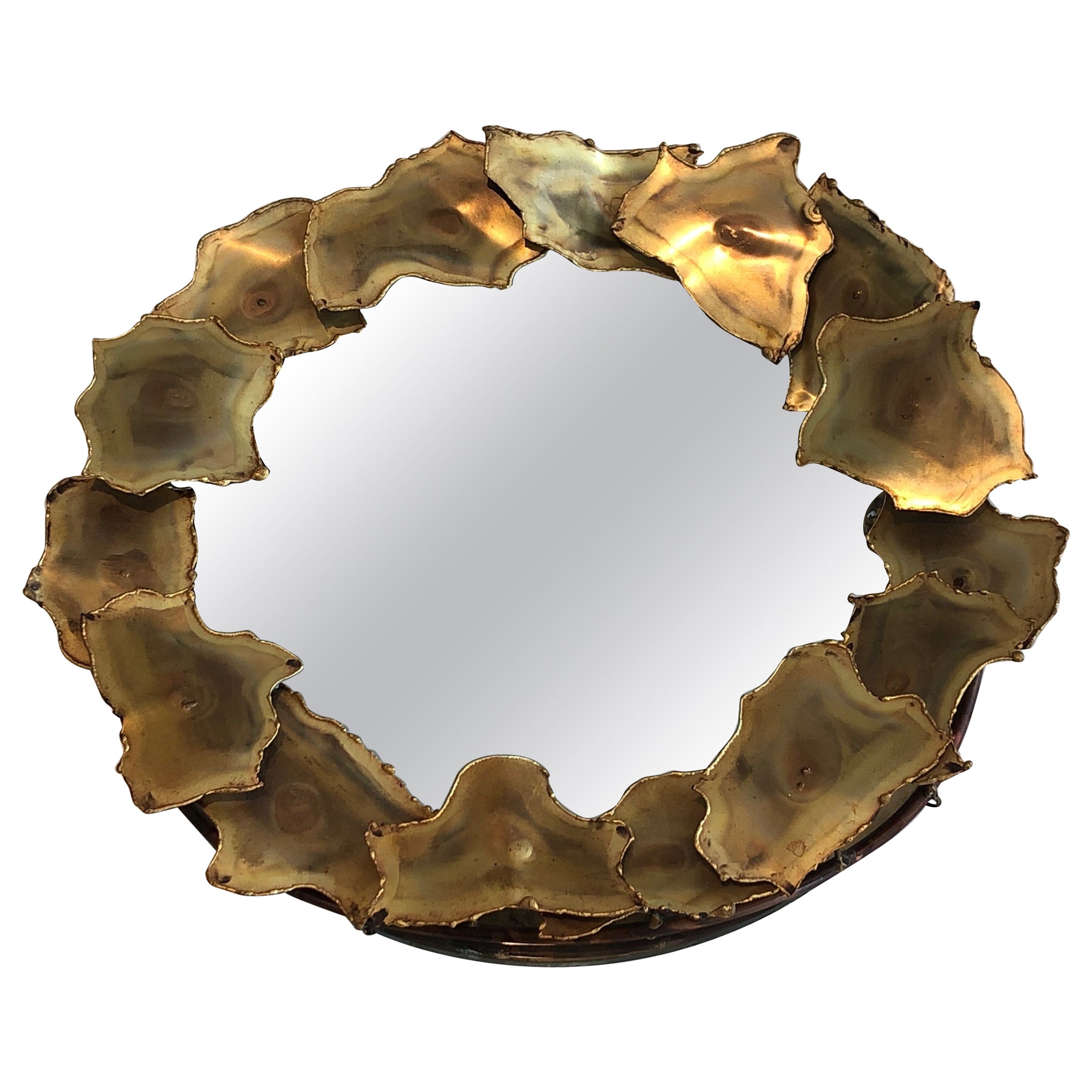 Round Design Mirror Made of Stylish Brass Leaves, French Work, circa 1970