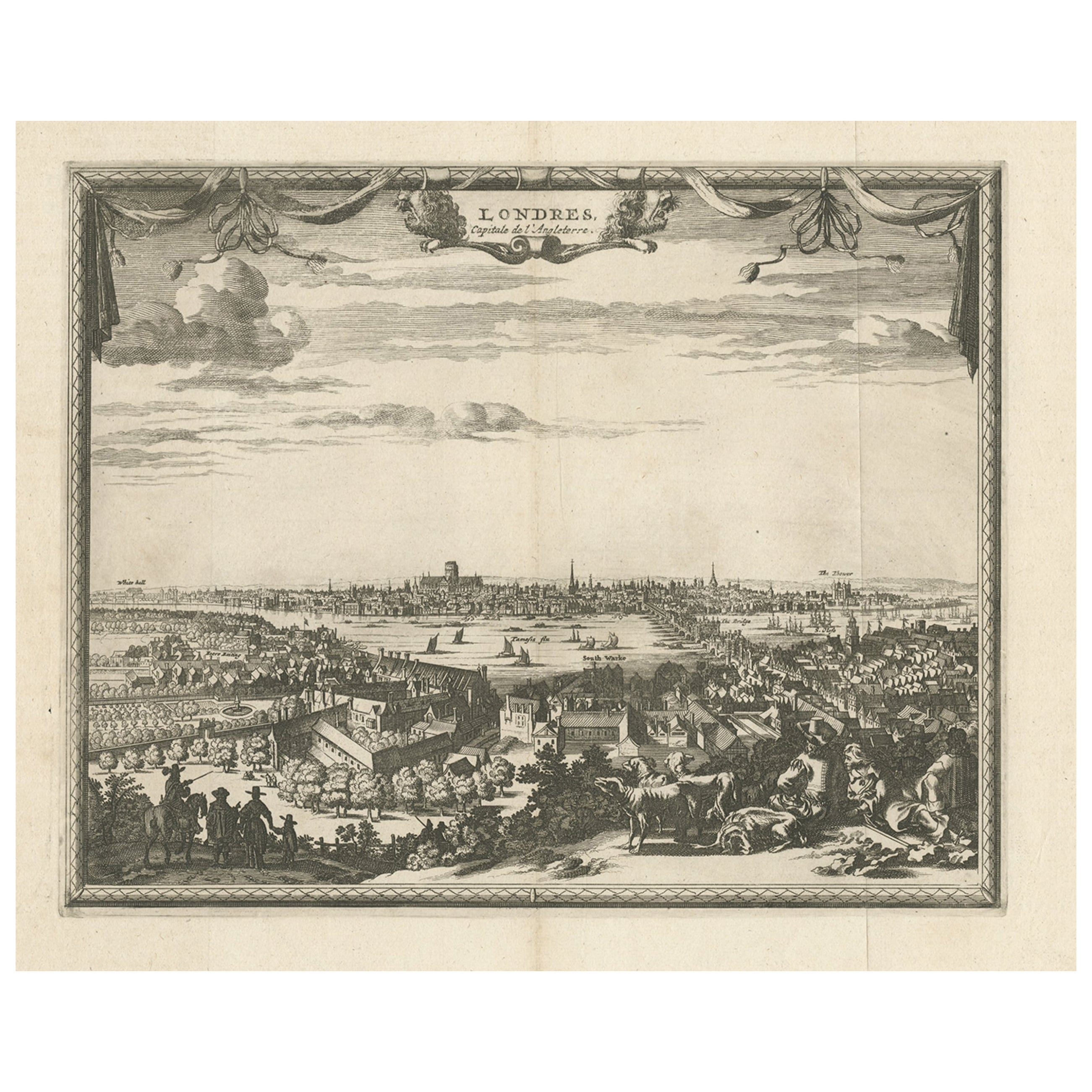 Antique Print of London with St. Paul's Cathedral Before the Fire, ca.1725