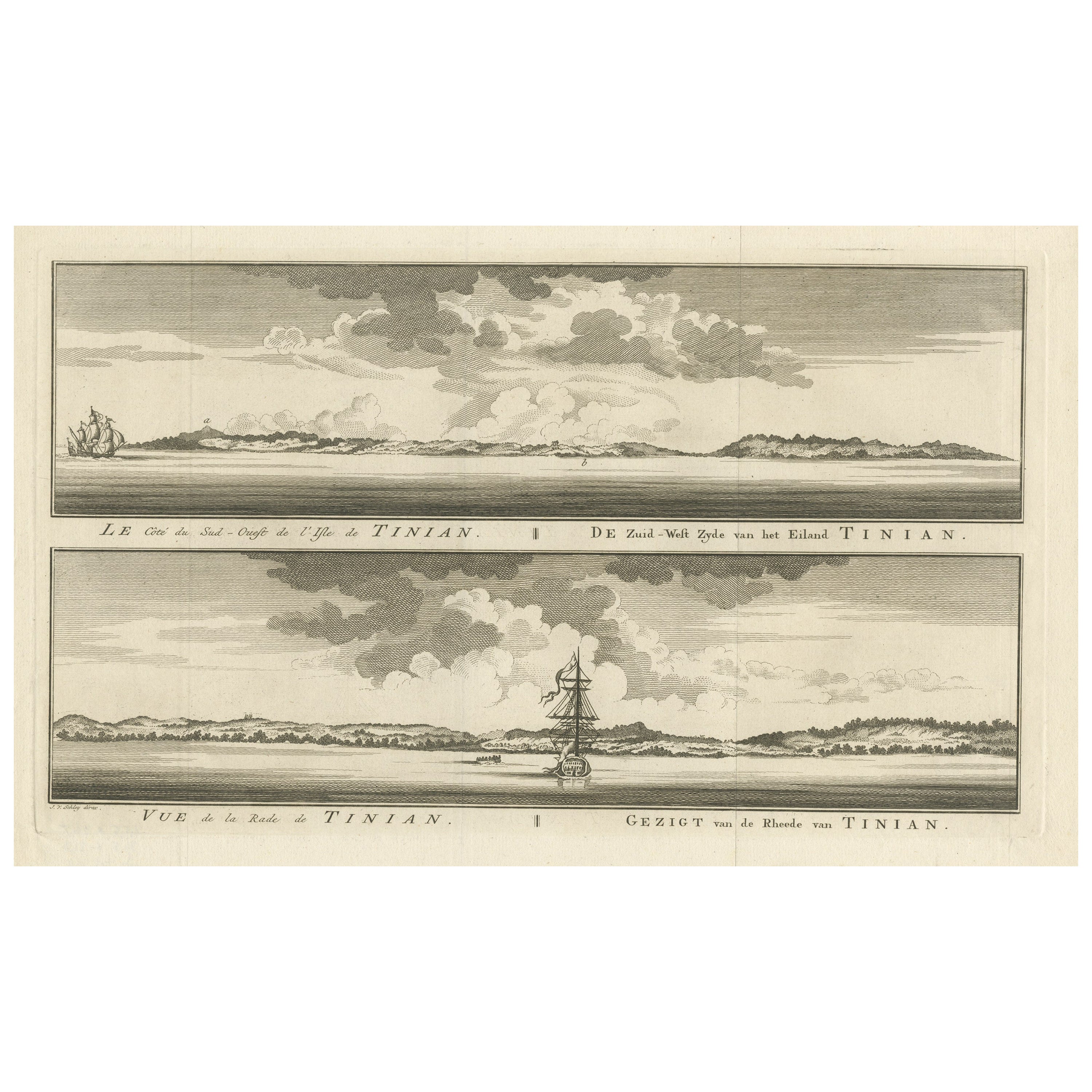 Gravure ancienne de Tinian, une île du nord des îles Mariana, 1757