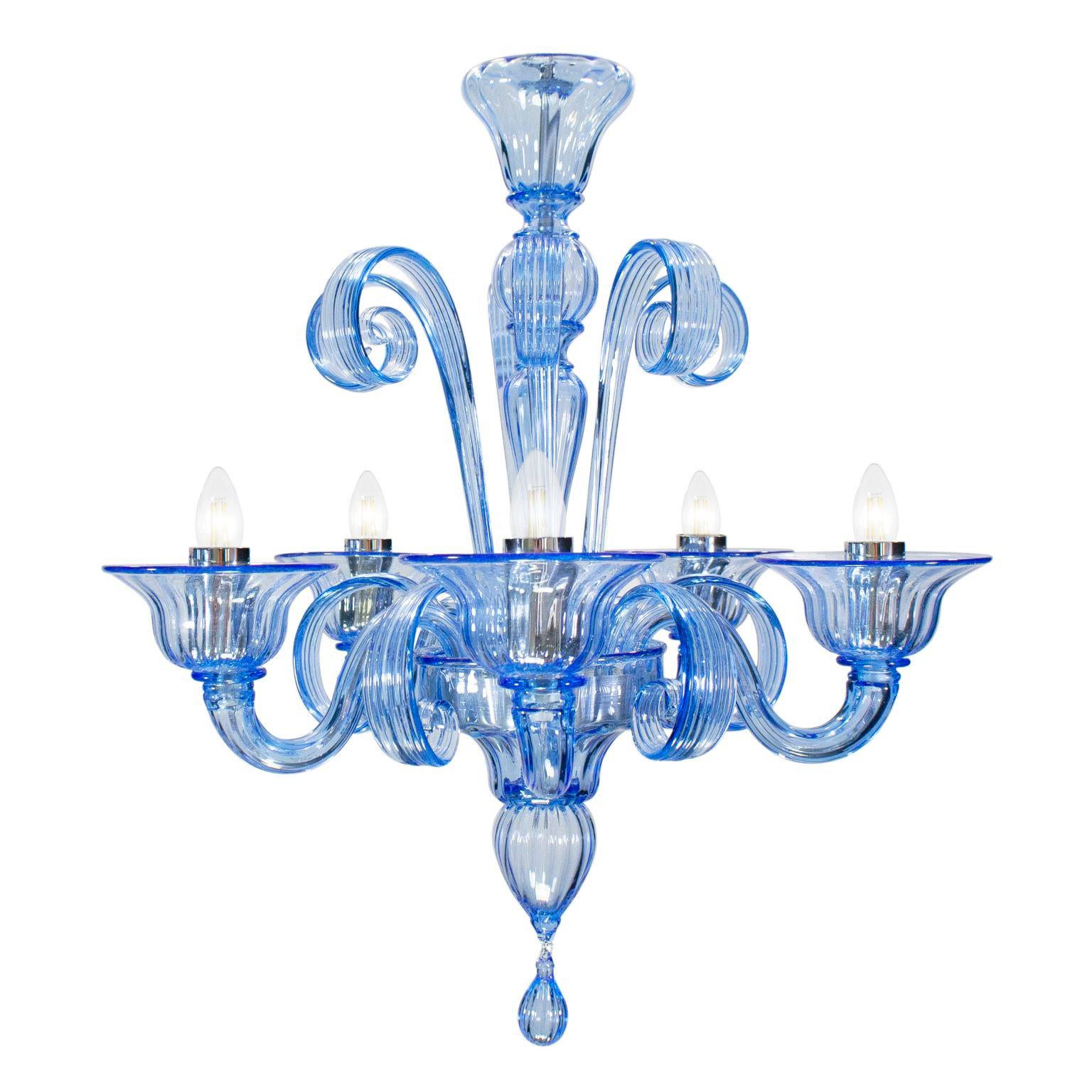 Chandelier 5 Arms Blue Murano Glass Capriccio by Multiforme 