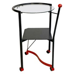 Italian Post Modern Black and Red Metal and Glass Table on Wheels, 1980s
