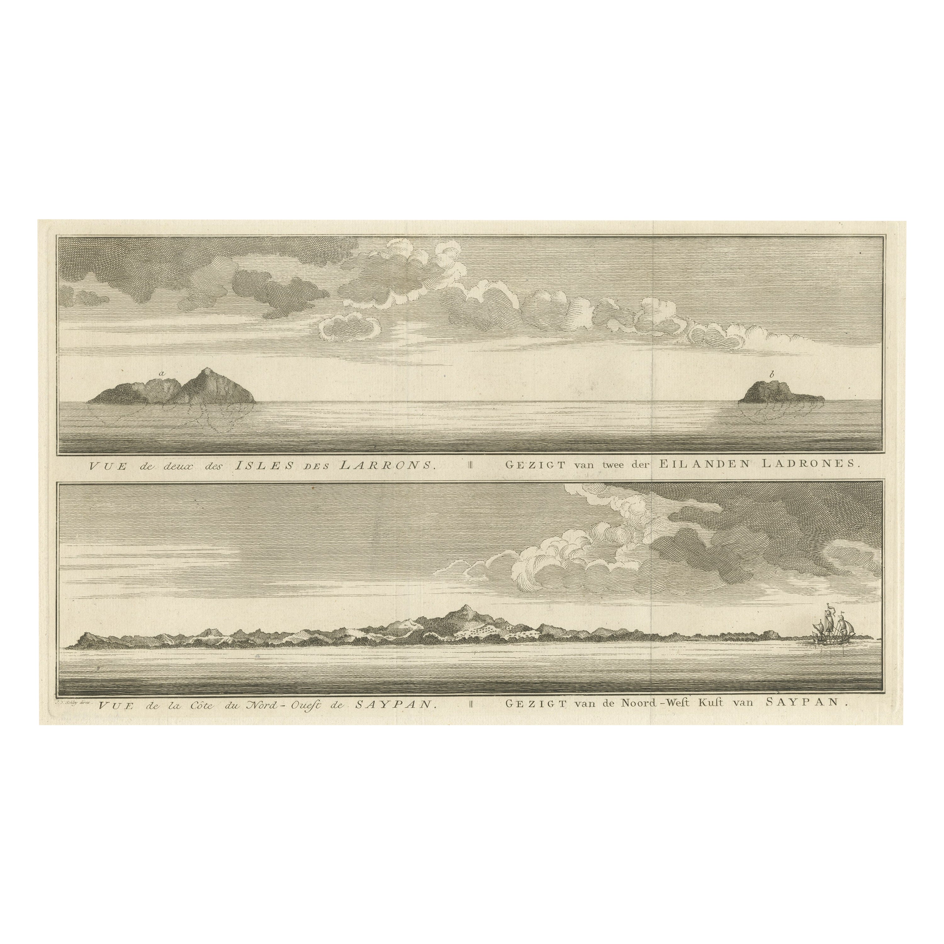 Antike Ansicht der N.W.-Seite von Saypan und einer der Ladrones-Inseln, 1757 im Angebot