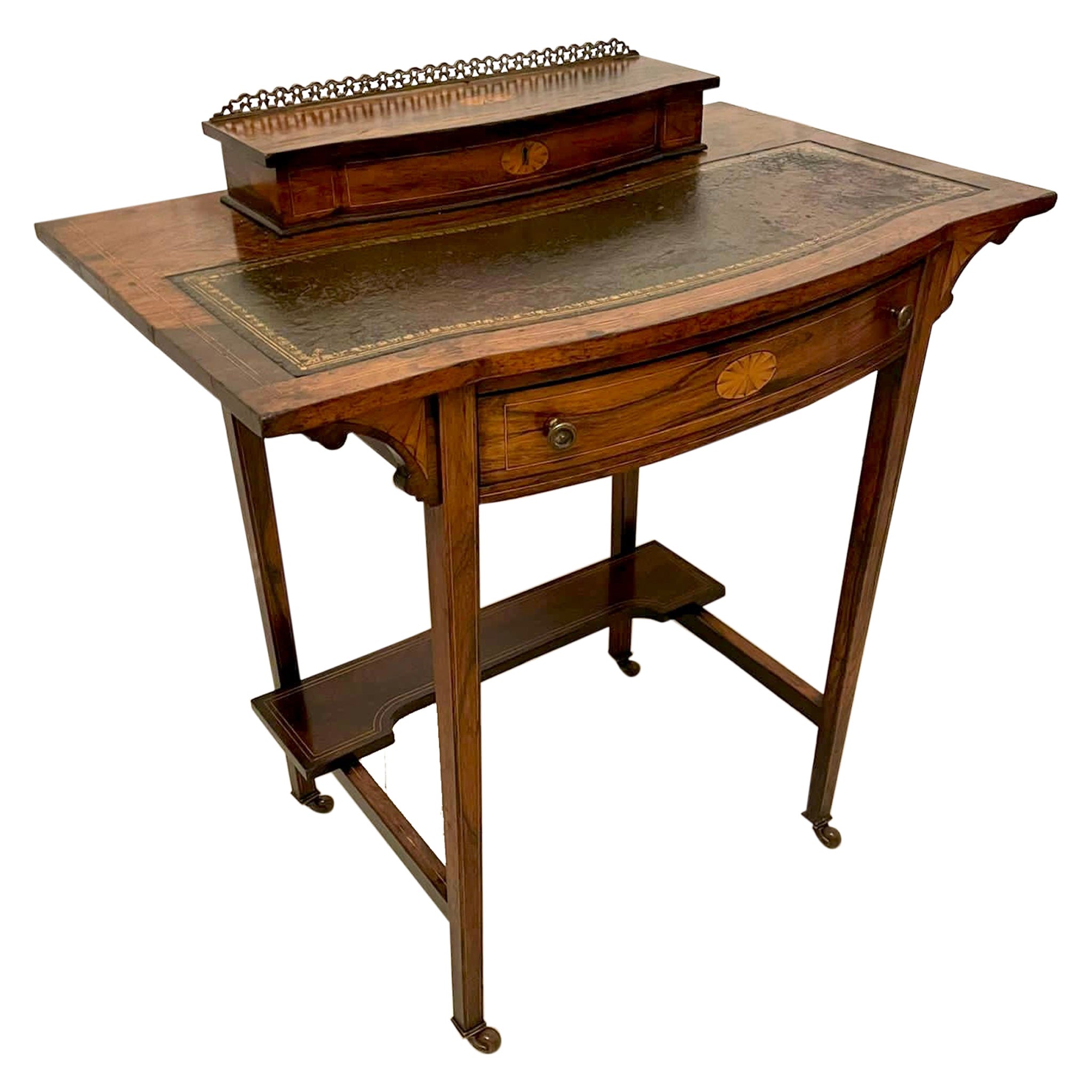 Ancienne table à écrire de qualité édouardienne en bois de rose marqueté avec façade en forme de nœud papillon