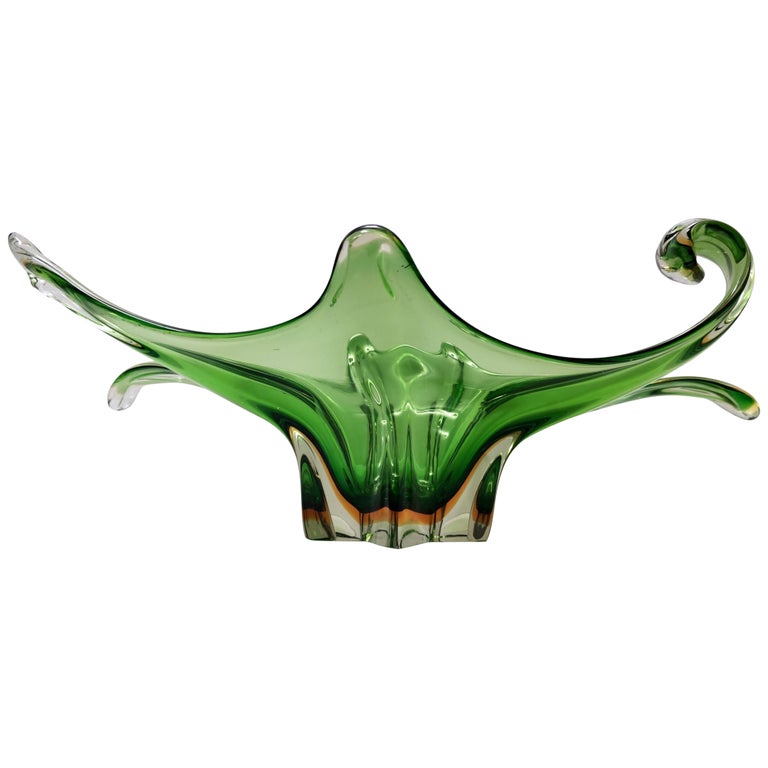 Stunning Vintage Green Murano Glass Bowl or Centerpiece, Italy For Sale