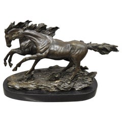 Bronze Galloping Running Horses 9" Statue Sculpture on Marble Base 'A'