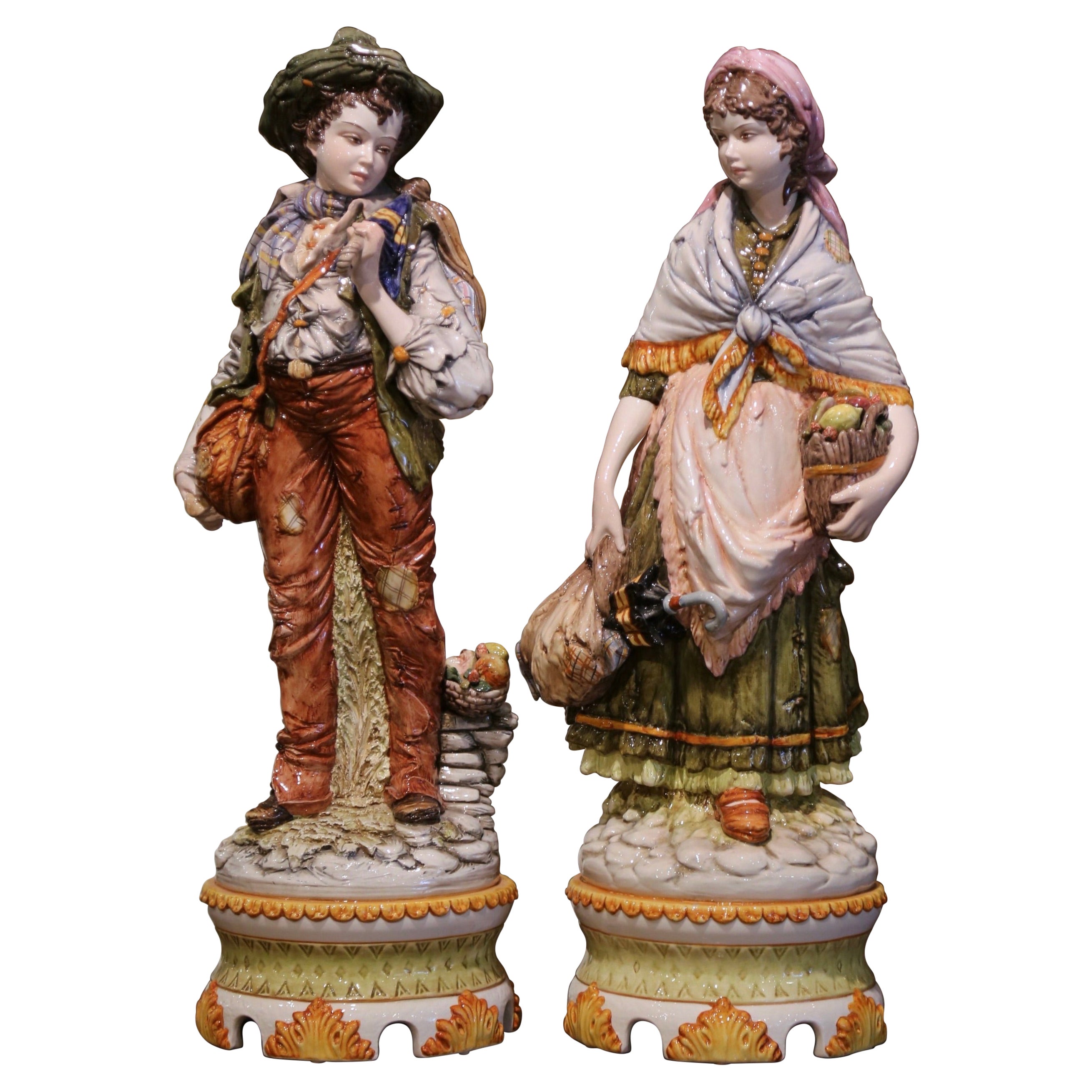 Pair of 20th Century Italian Hand-Painted Porcelain Figurine Statues For Sale