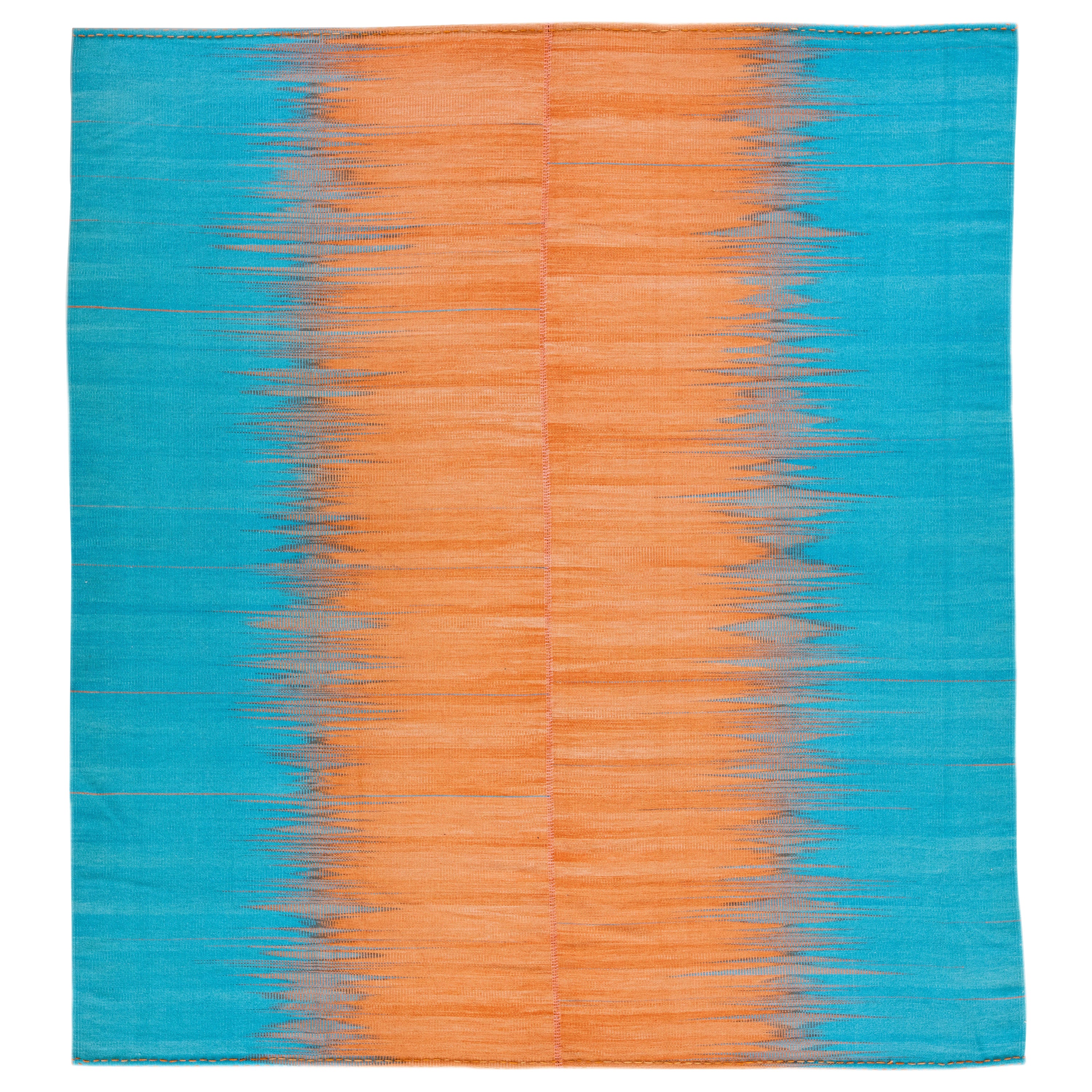 Modern Kilim Flatweave Abstract Designed Blue and Orange Wool Rug For Sale