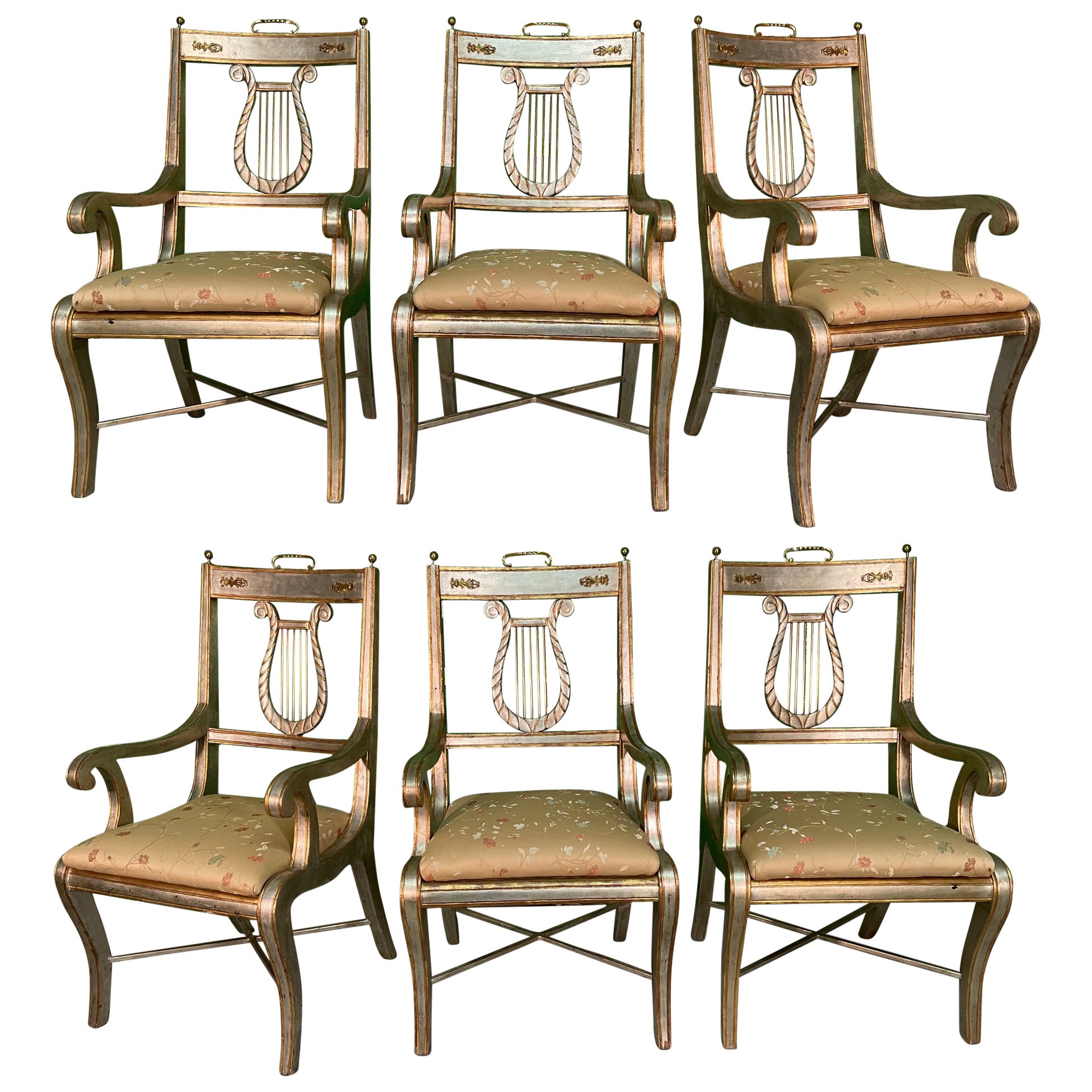 Vintage Lyre Back Dining Arm Chairs, Set of 6 For Sale