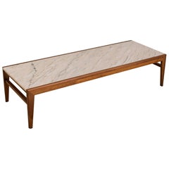 Mid-Century Modern Rectangular Walnut Frame Marble Coffee Table