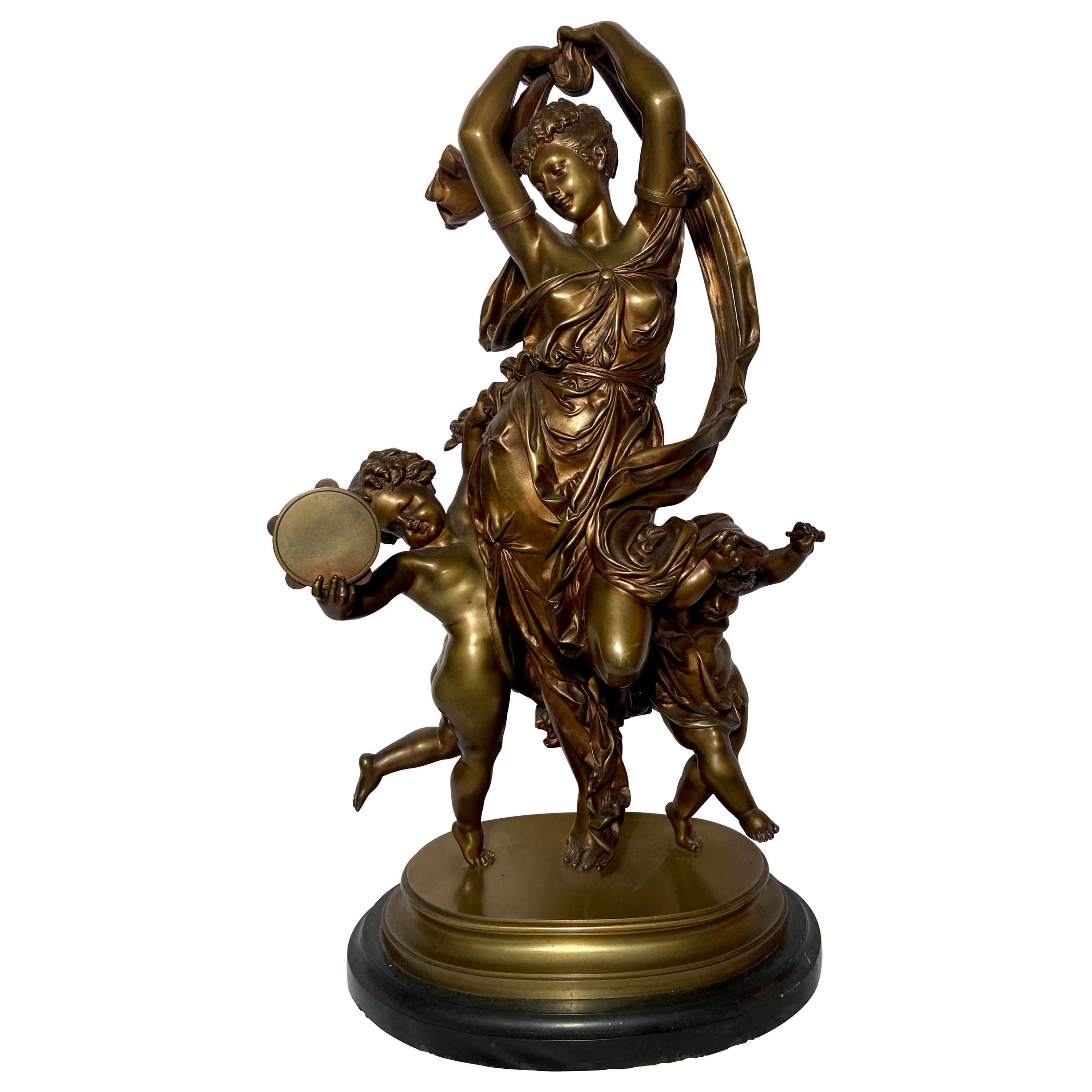 Ancienne statue néoclassique française « A. Carrier » en bronze patiné et or, vers 1890