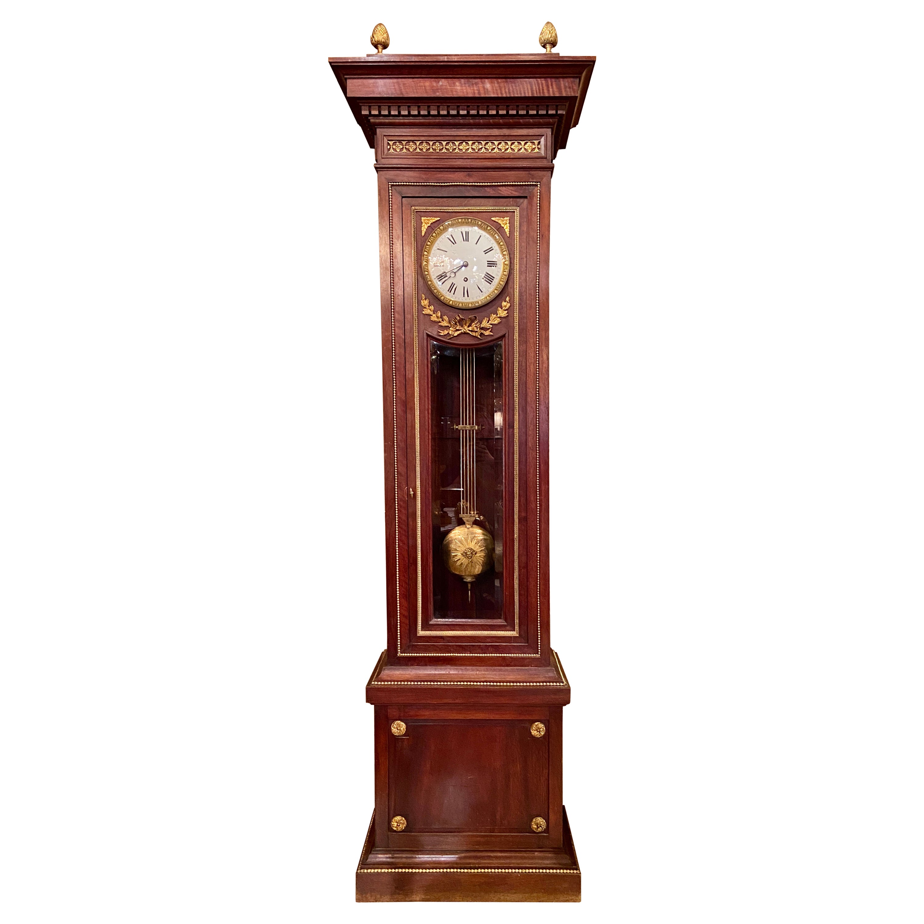 Antique French Louis XVI Mahogany and Ormolu Longcase Clock, circa 1890 For Sale