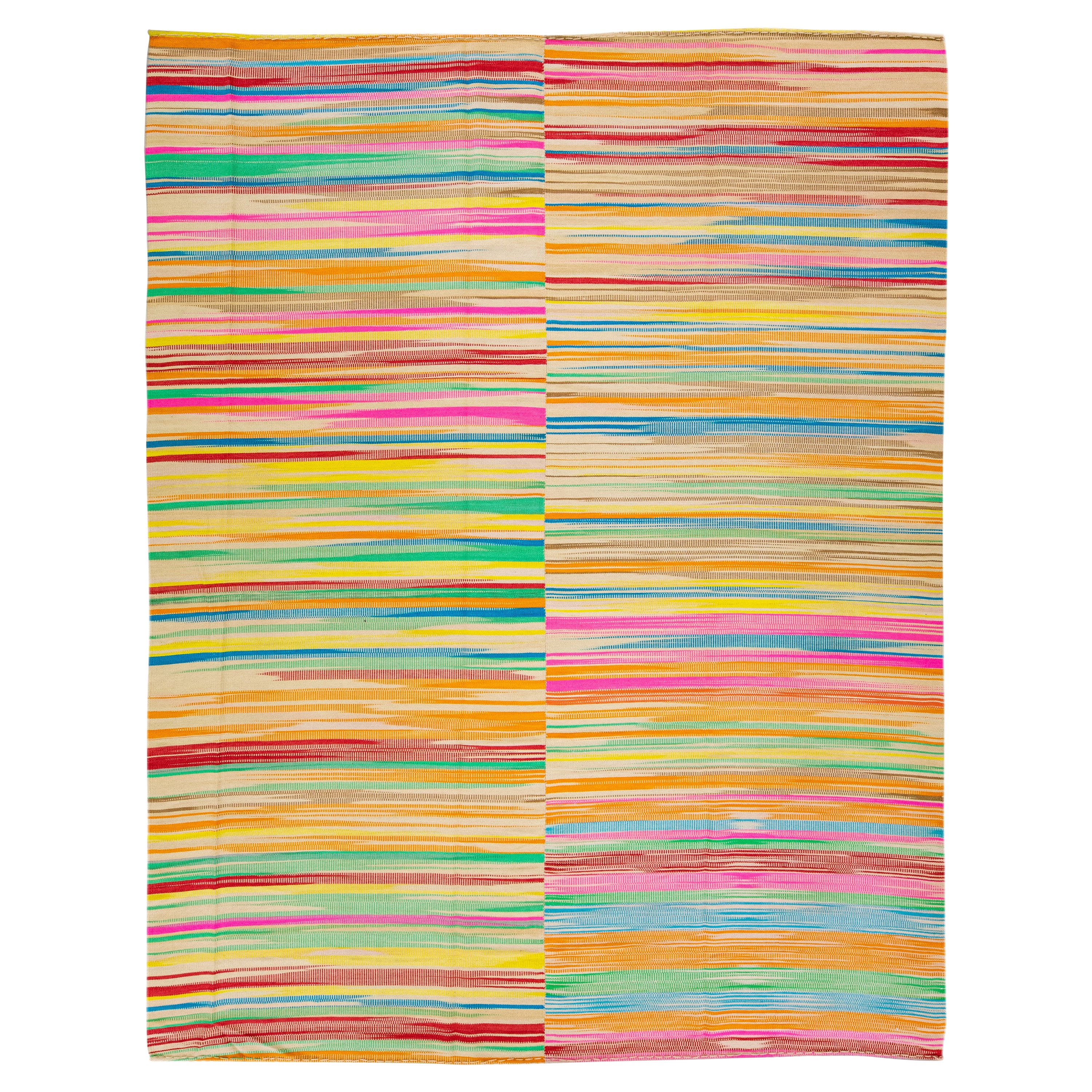 Modern Flatweave Kilim Multicolor Handmade Abstract Wool Rug For Sale