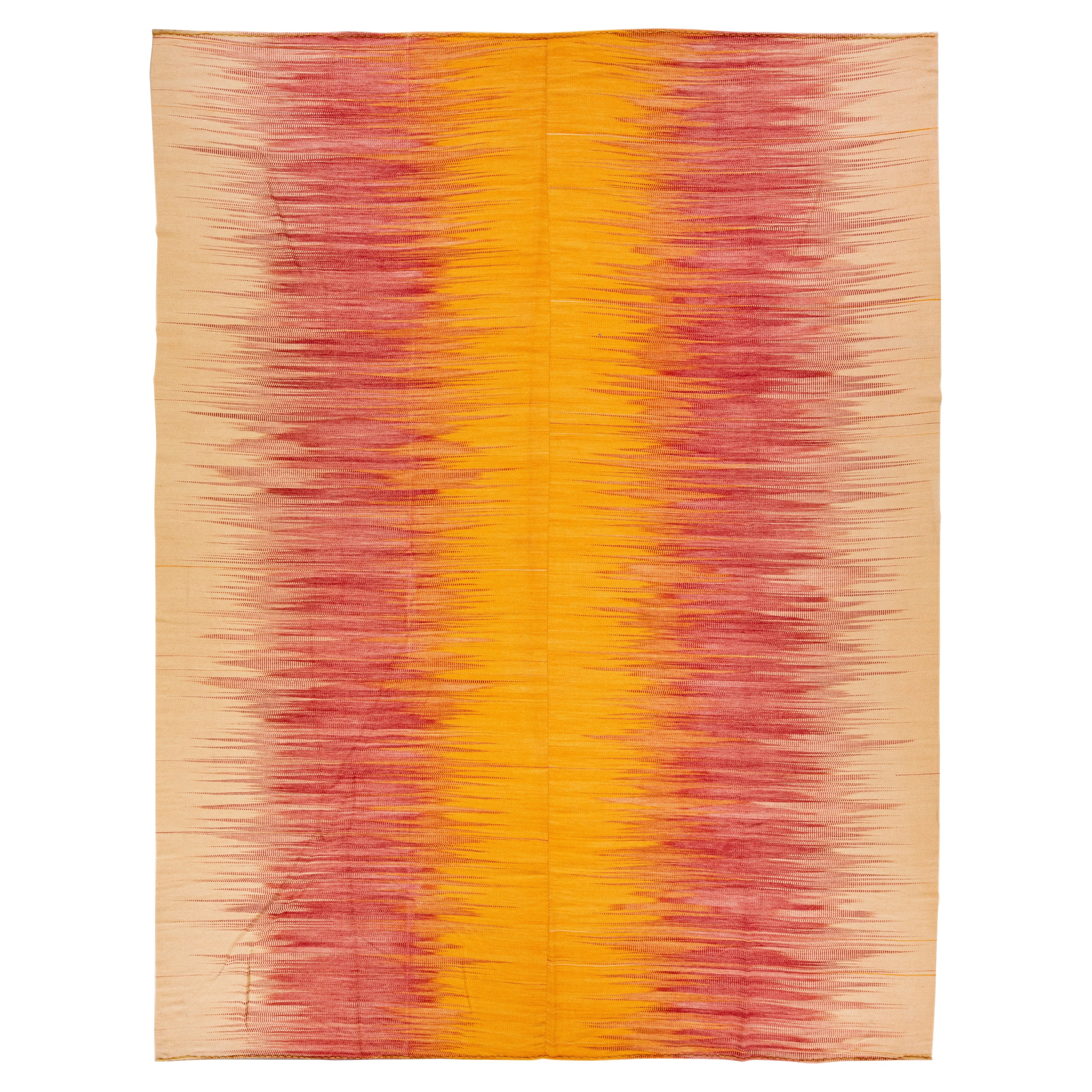 Orange Modern Kilim Flatweave Abstract Handmade Oversize Wool Rug For Sale