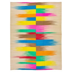 Tapis Kilim moderne à tissage plat multicolore et abstrait en laine fait à la main