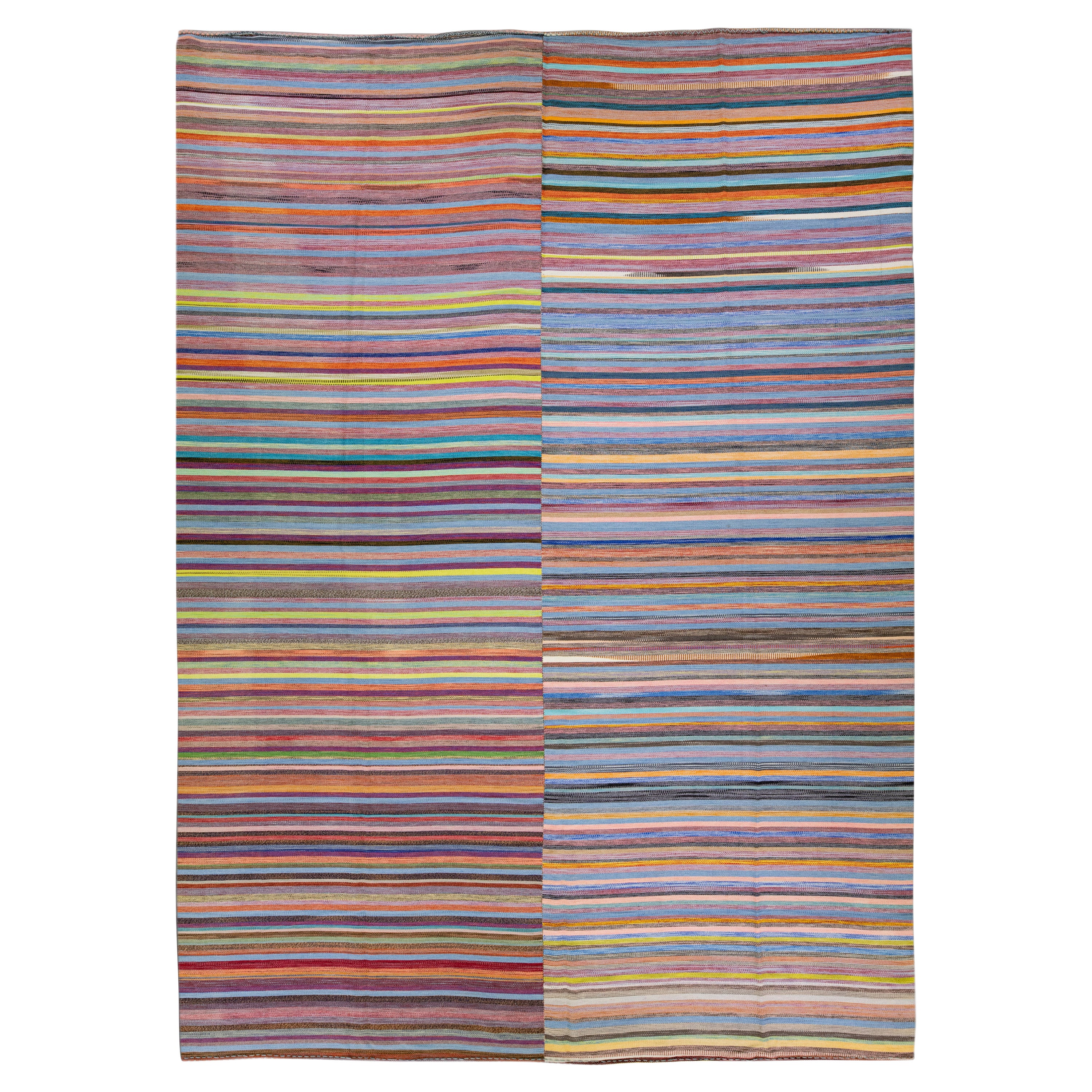 Modern Striped Kilim Flatweave Multicolor Handmade Wool Rug For Sale