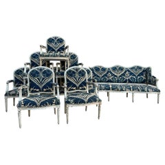 18th Century French Louis XVI Salon in 19th Century Blue and White Needlepoint