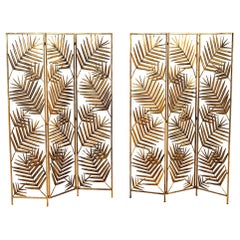Pair of Vintage French 1970's Brass Screen Dividers in Palm Leaves