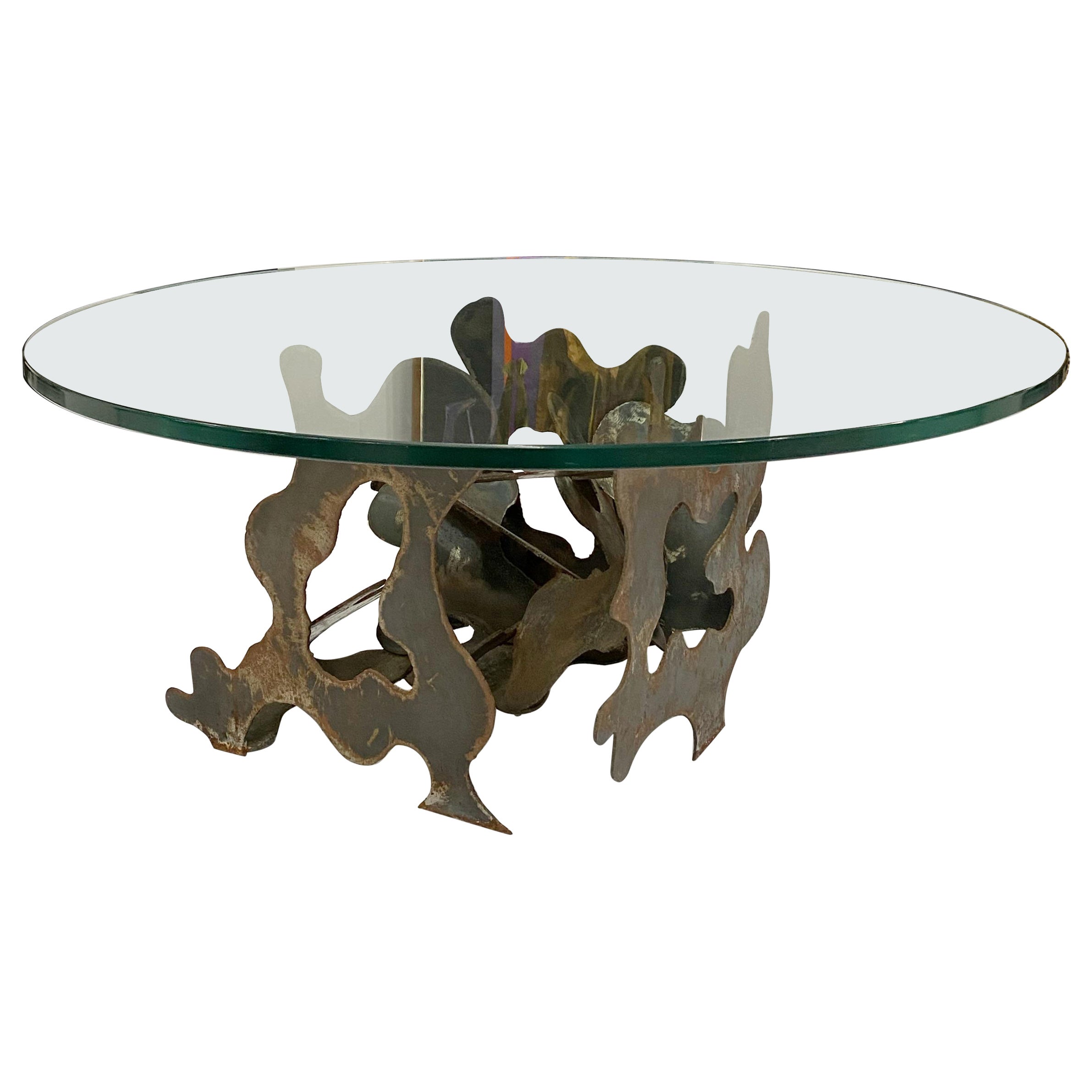 Artist Made Abstract Cut Steel Coffee Table with Glass Top For Sale