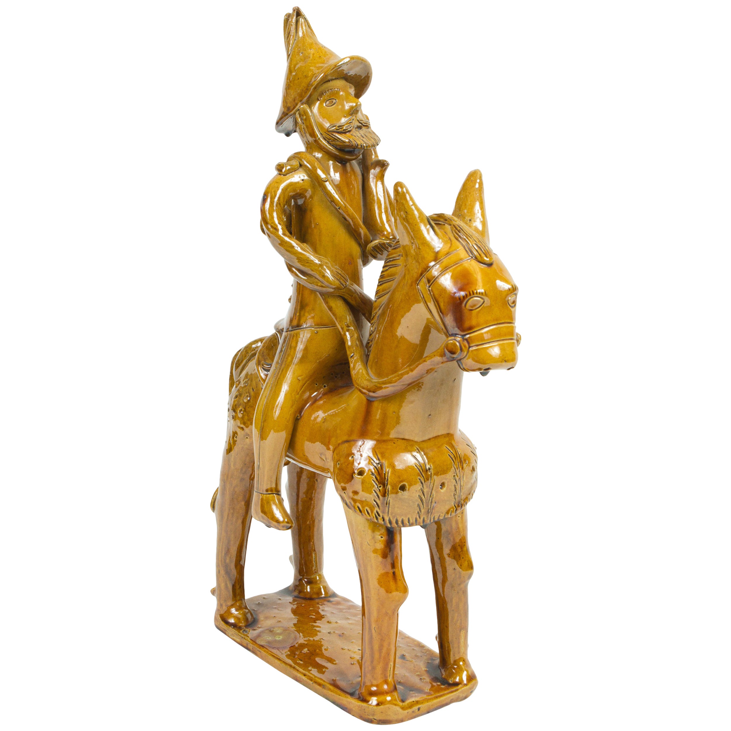Sculpture de Don Quichotte en céramique espagnole émaillée jaune