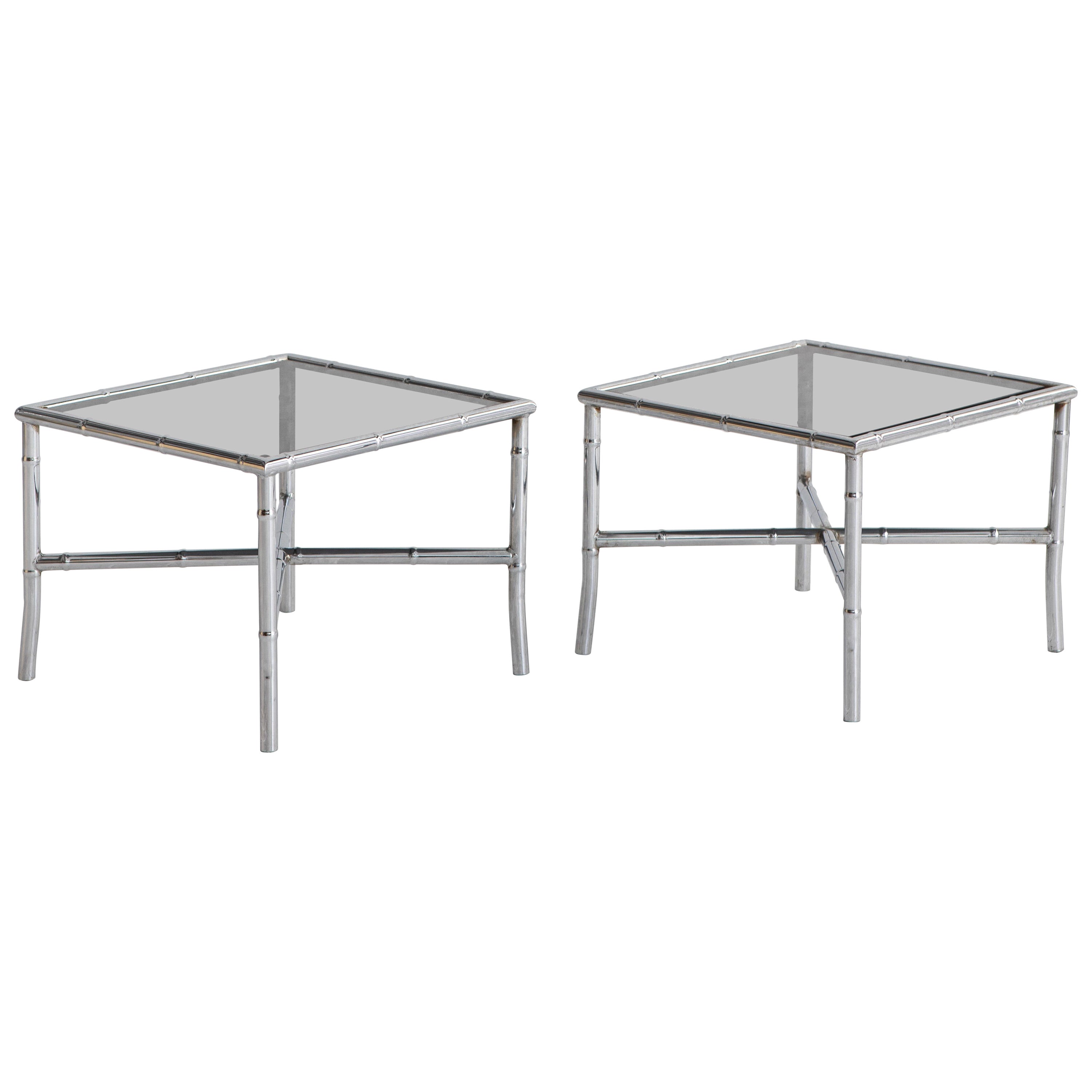 Hollywood Regency Chrome Faux Bamboo Side Tables, a Pair