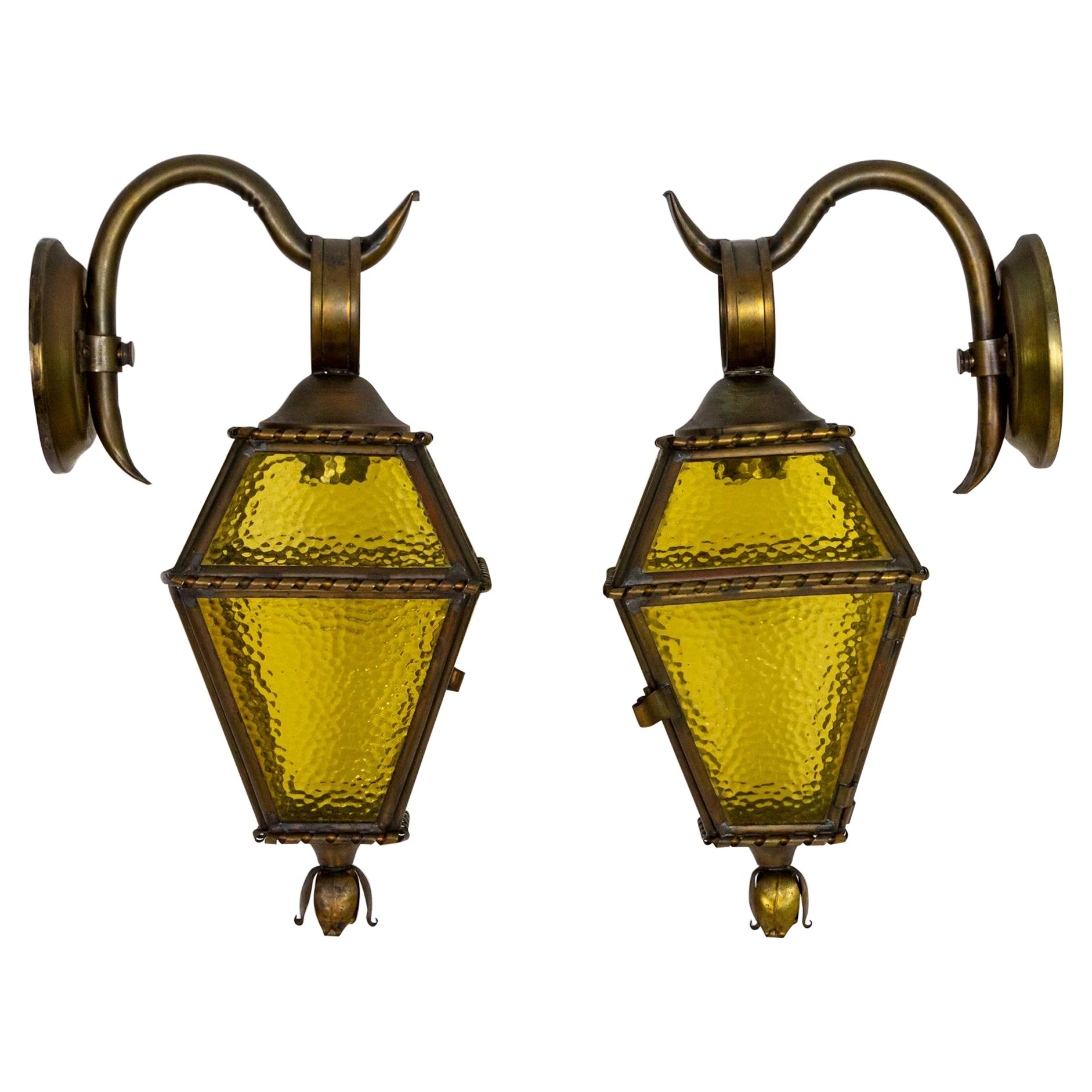 1920s Copper, Brass & Amber Glass Scroll Arm Sconces, 'Pair'