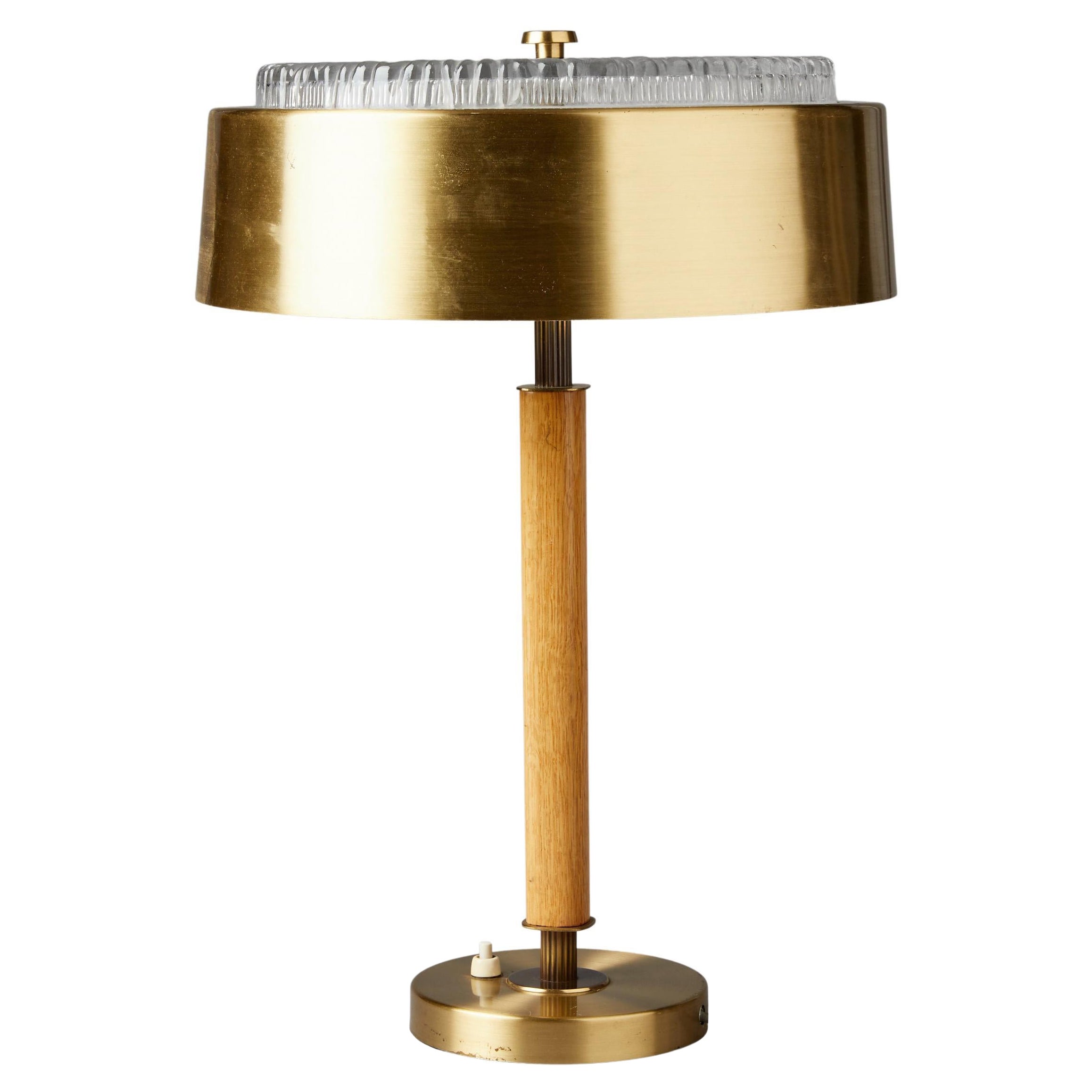 Swedish Midcentury Table Lamp in Brass, Crystal and Wood by Boréns For Sale
