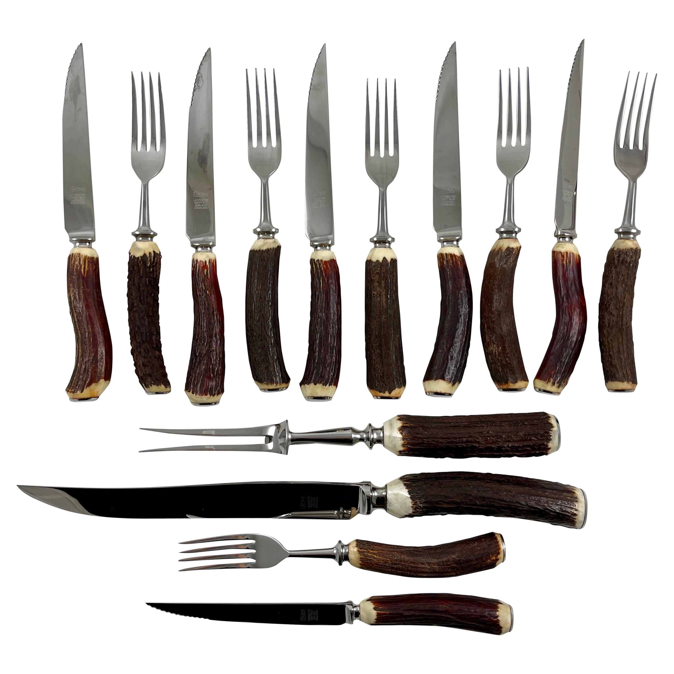 Cutlass Leppington Sheffield Stainless and Stag Horn Cutlery Cased Set 14 Pieces