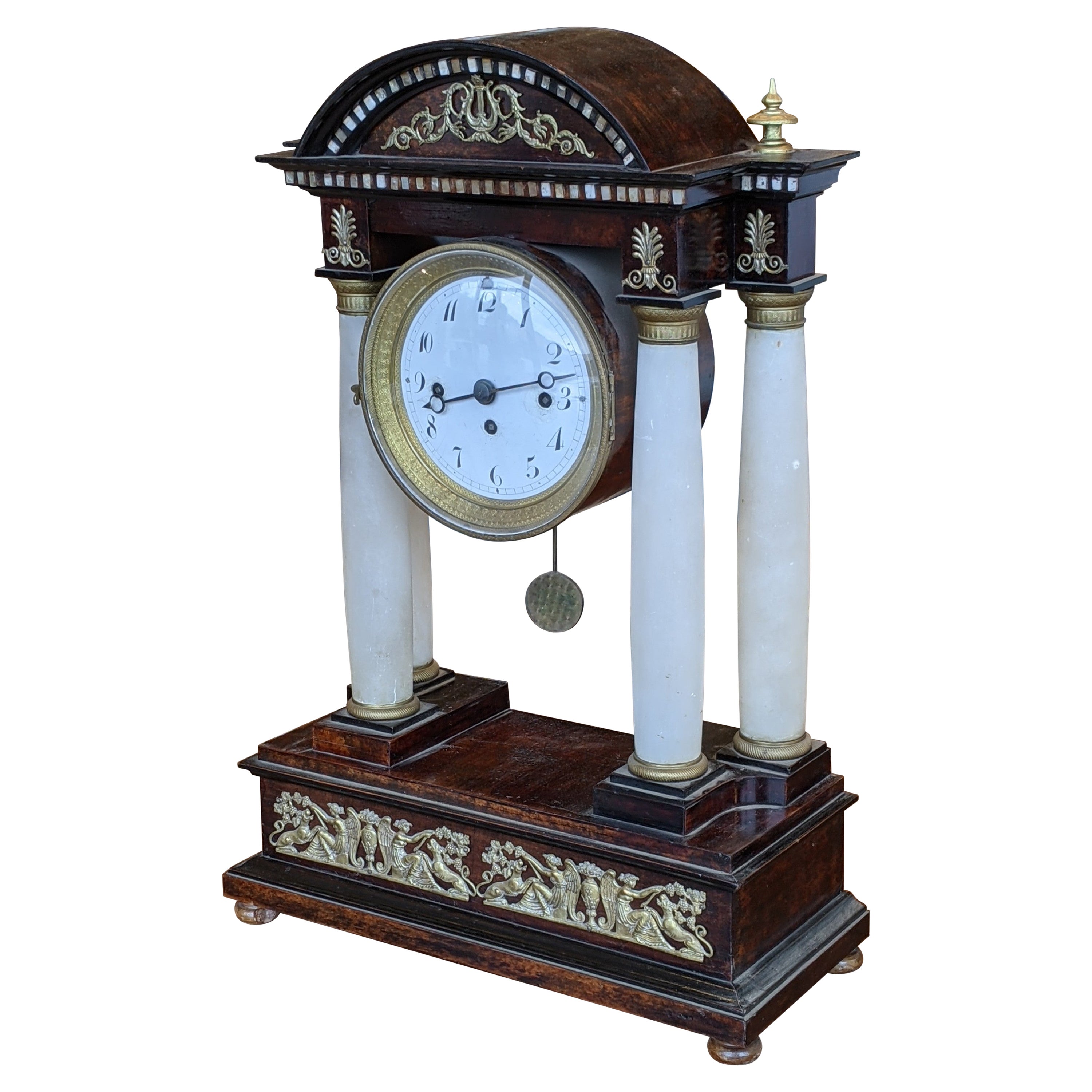Viennese Table Pendulum Clock with Alabaster Columns and Brass Decorations, 1848 For Sale