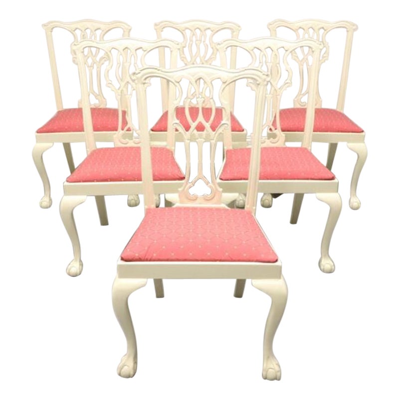 Vintage Chippendale Ball in Claw Cream Painted Dining Side Chairs - Set of 6 For Sale