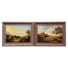 Pair of 20th Century Italian Signed Coastal Landscape Paintings in Carved Frames