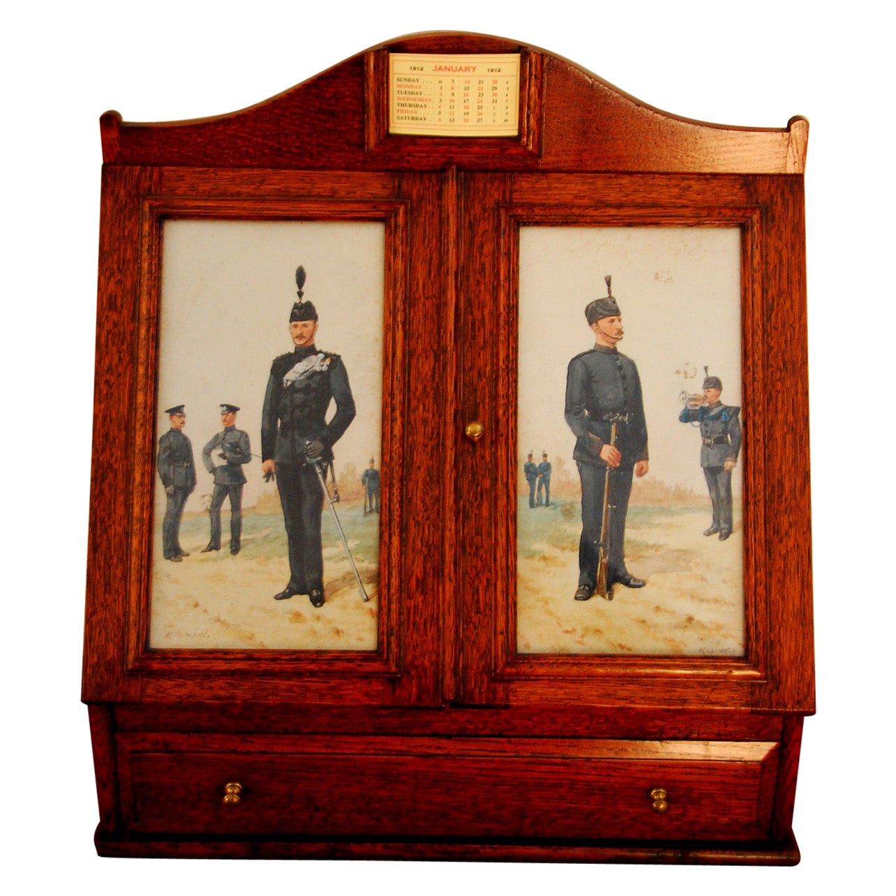 Boîte de bureau en chêne de style victorien anglais avec portraits à l'aquarelle originaux de R. Simkin en vente