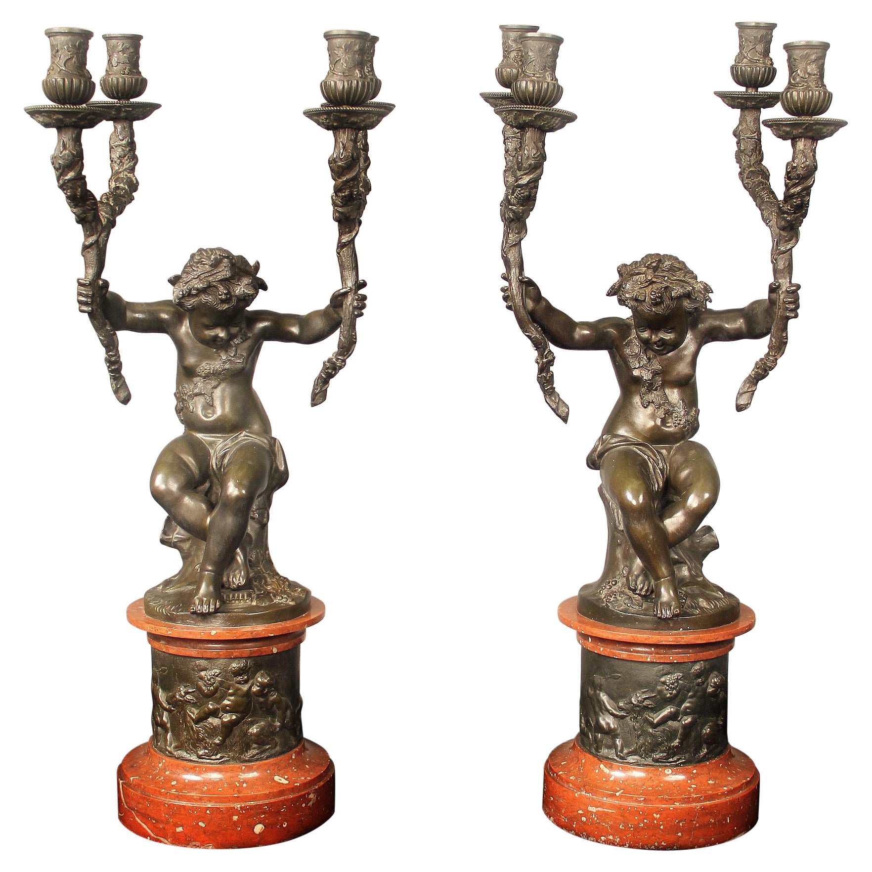 Fine Pair of Late 19th Century Patinated Bronze and Marble Four Light Candelabra
