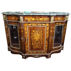 Vintage Marble Topped Marquetry Credenza Side Cabinet