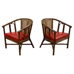 Pair Midcentury McGuire Barrel Back Arm Chairs, Organic Modern Rattan + Cane