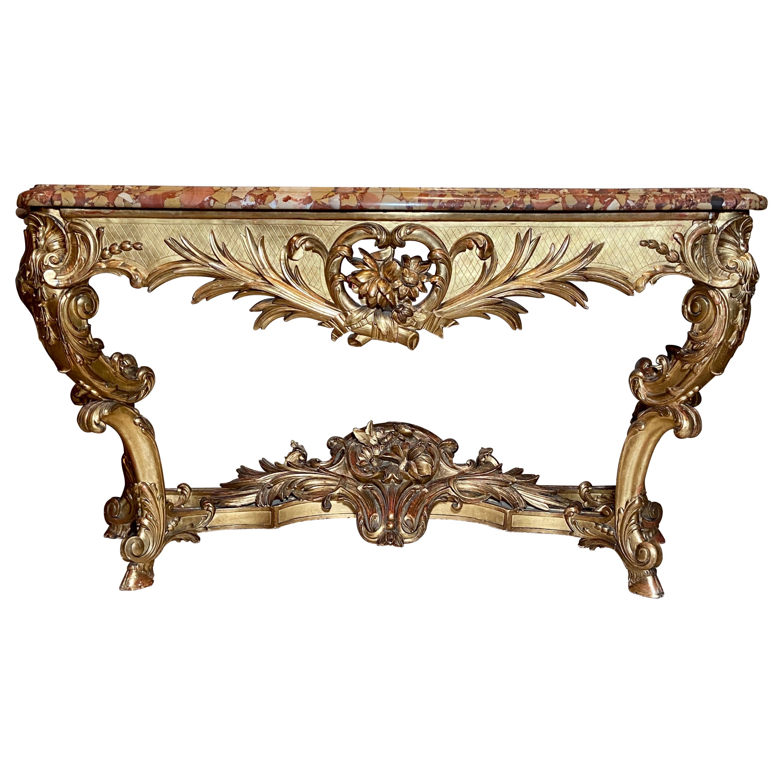 Antique French Regency Carved Wood w/ Gold Leaf & Marble Top Console, Circa 1860 For Sale