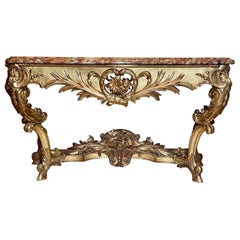 Antique French Regency Carved Wood w/ Gold Leaf & Marble Top Console, Circa 1860