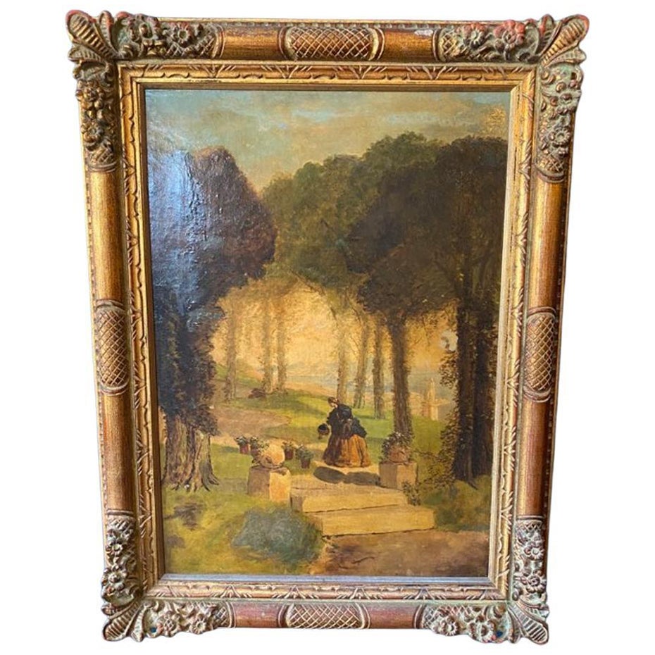 19th Century Oil on Canvas English Painting Depicting Lady in Garden For Sale