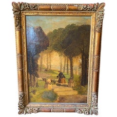 Huile sur toile du 19e siècle représentant une dame dans un jardin dans un cadre doré