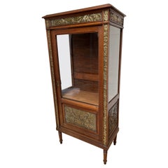 Rare Arts & Crafts Oak Display Cabinet / Vitrine with Embossed Brass Decorations