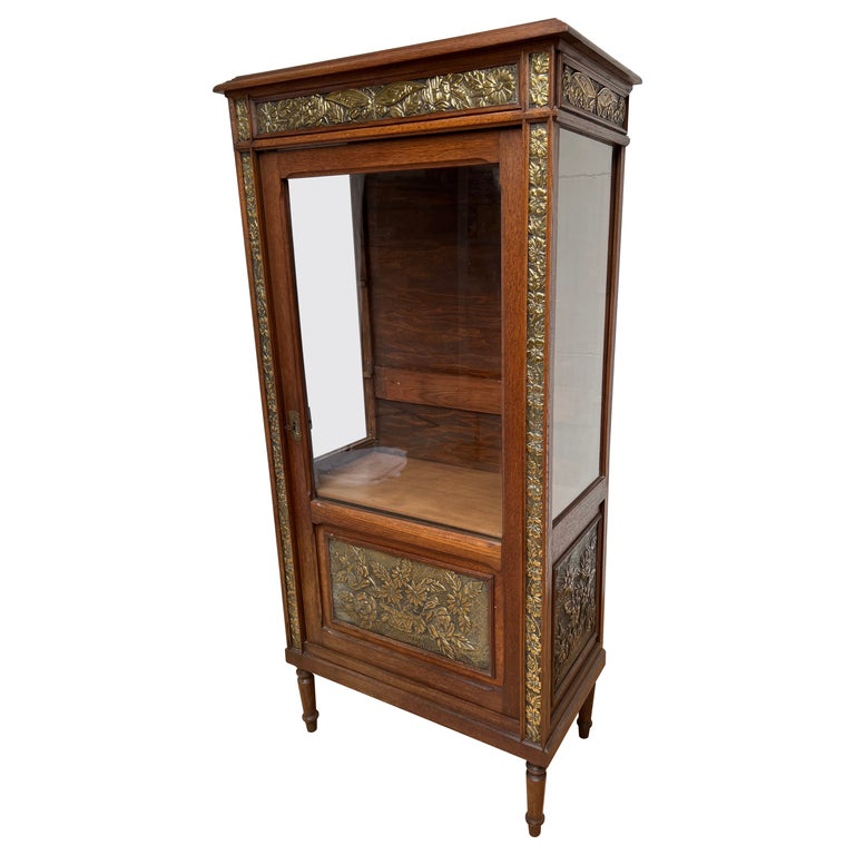 Rare Arts & Crafts Oak Display Cabinet / Vitrine with Embossed Brass Decorations For Sale