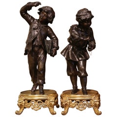 Antique Pair of 19th Century French Spelter and Bronze Boy Figurative Sculptures