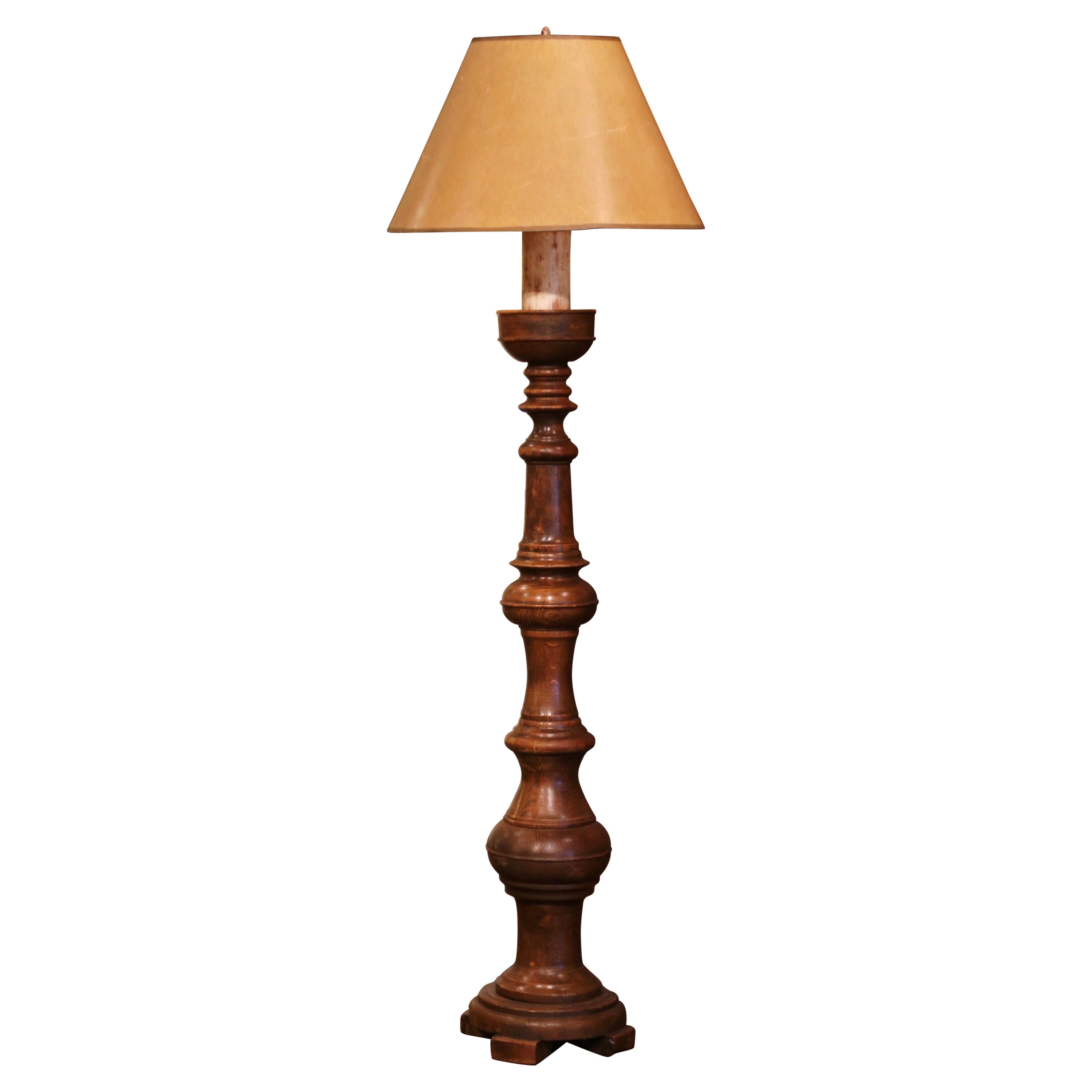 Mid-Century French Louis XIII Carved Oak Floor Lamp with Beige Shade For Sale