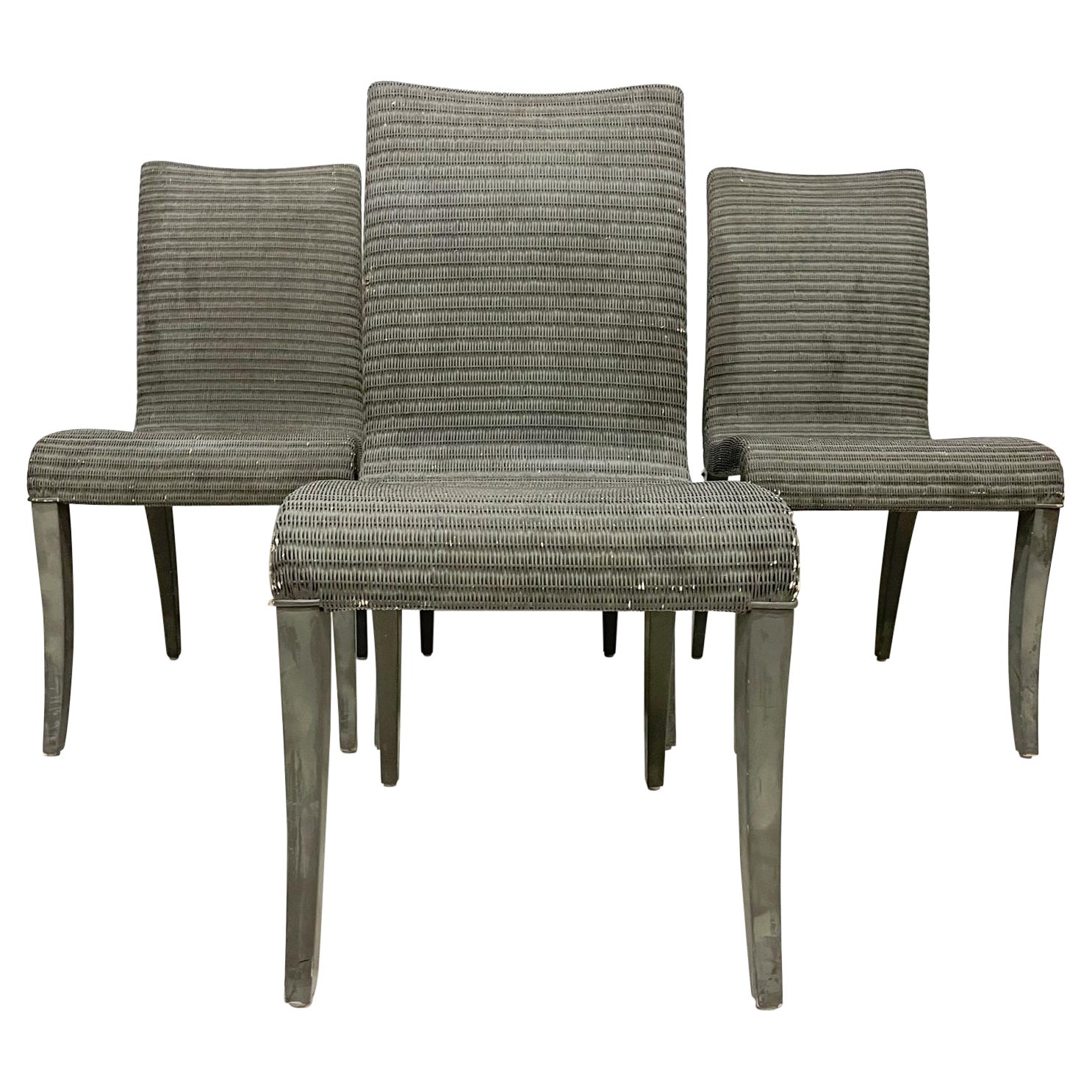 Vincent Sheppard sculptural woven Dining Chairs Set of Four 
Janus et Cie for Lloyd Loom Furniture
Retains maker label.
Woven Paper Chairs Janus et Cie Paper wrapped wire looks like wicker, but it isn't, it is much stronger.
36 h x 23 d x 18 w seat